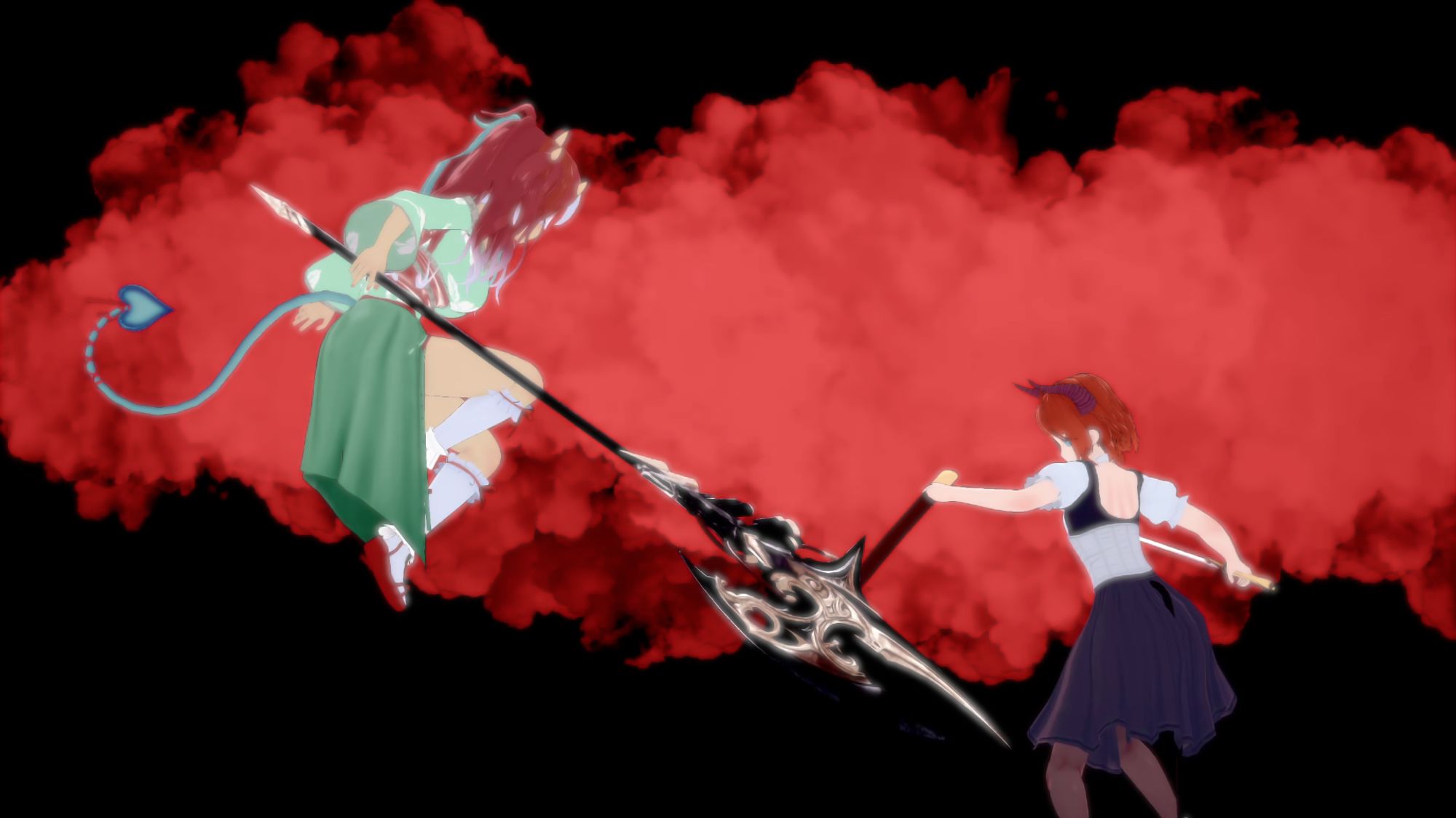 Cordelia (left) leaps into action to defeat Heather (right) all while a red smoke is emitted around the battlefield.