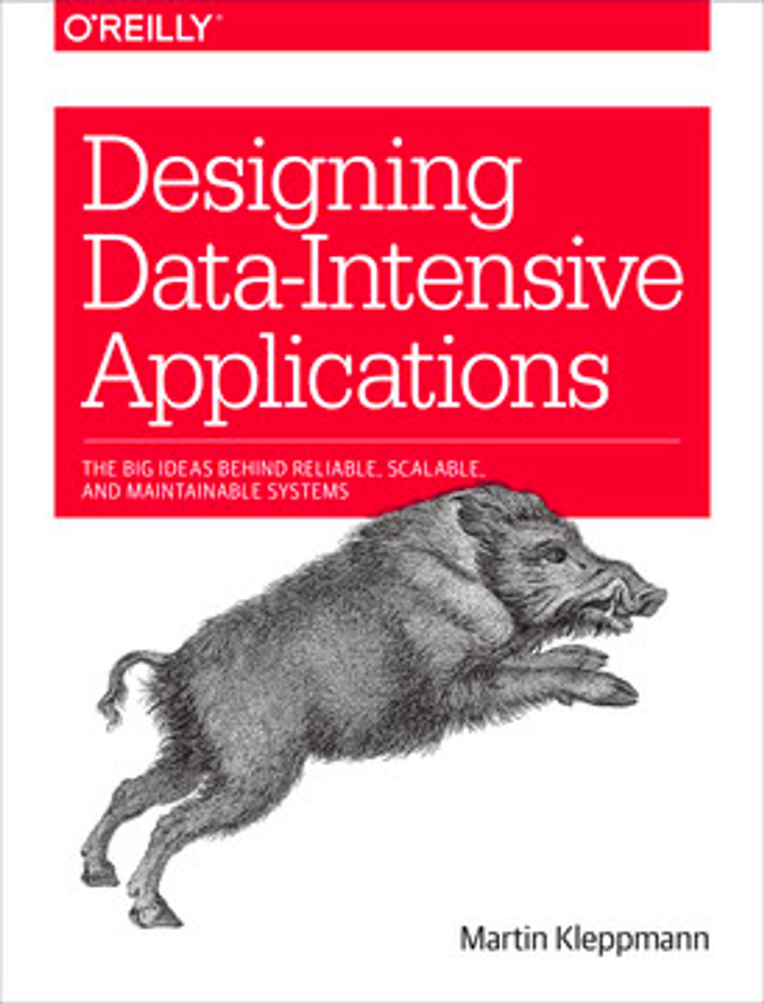 The cover of Designing Data-Intensive Applications by Martin Kleppmann. There is an image of a wild boar leaping.