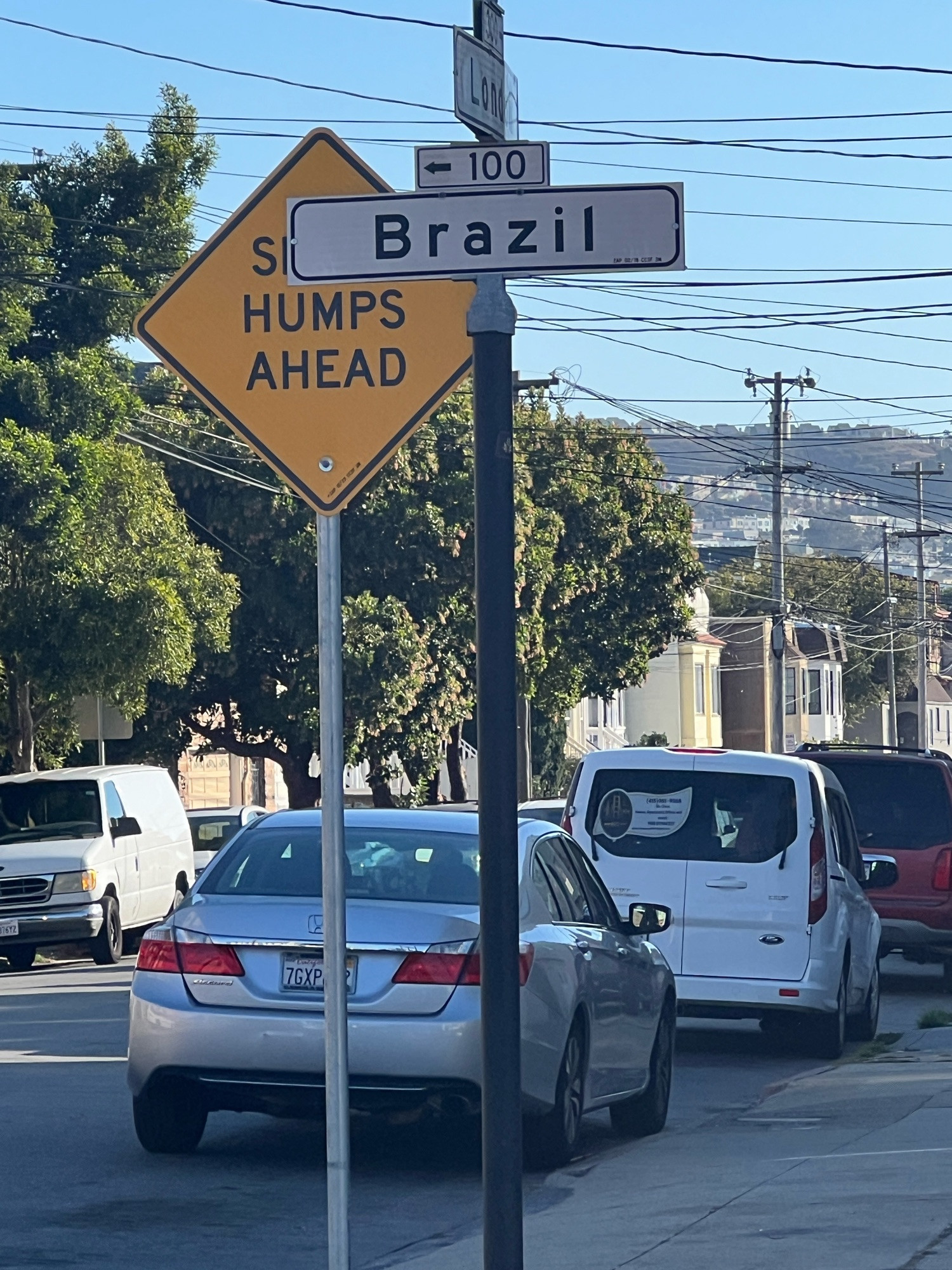 A sign for Brazil Street, which is blocking a “Speed humps ahead” sign