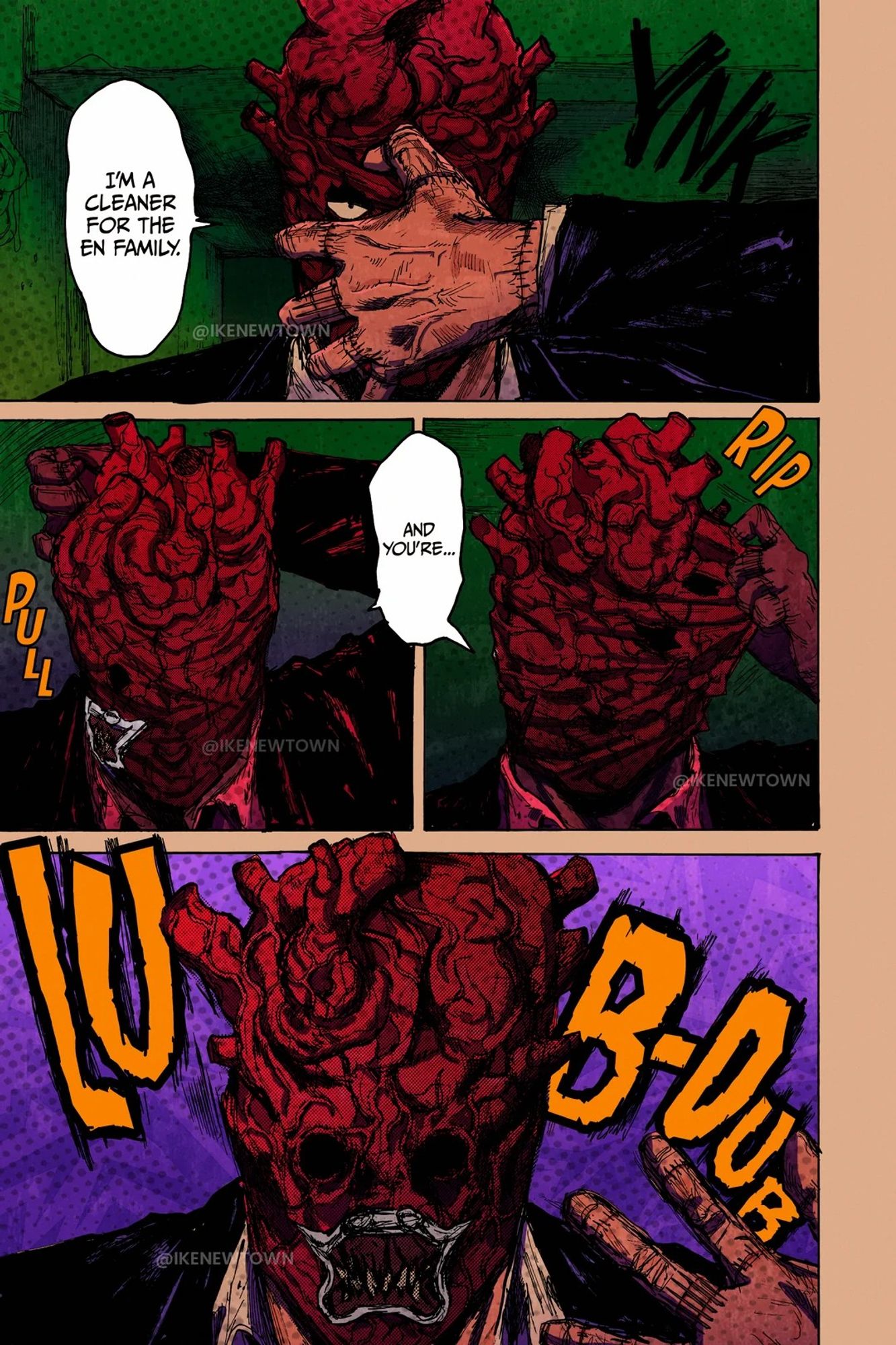 Manga coloring of Dorohedoro ch.72, the character Shin is shown wearing a realistic heart mask and adjusting it to his face with his hand full of patches