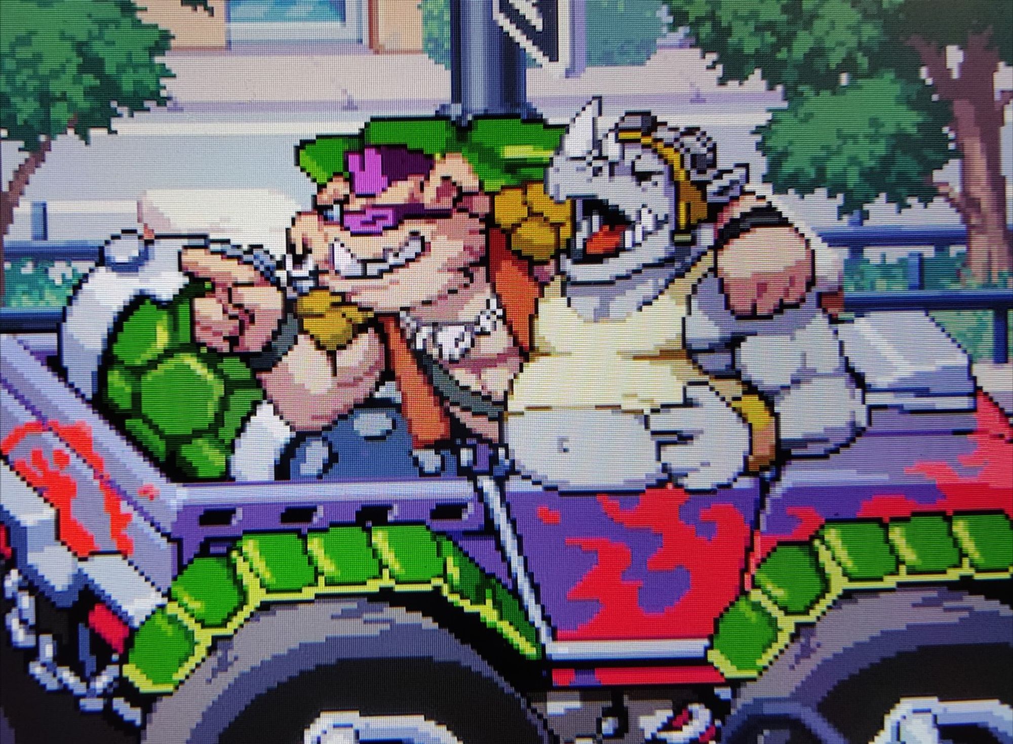 Bebop and Rocksteady, two members of the Foot Clan from Teenage Mutant Ninja Turtles, are driving in a purple car.