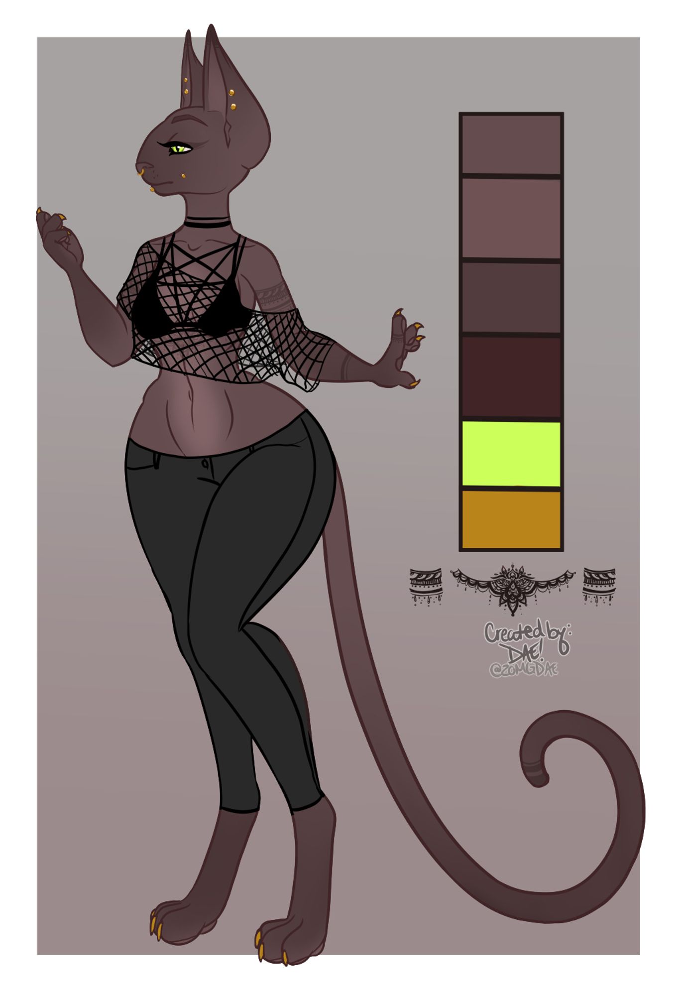 A reference sheet for a furry, humanoid sphynx cat. She is wearing low-riding jeans, a pentagram bra, and a mesh crop top. She has acidic yellow-green eyes, lots of gold facial jewelry, and gold claws.