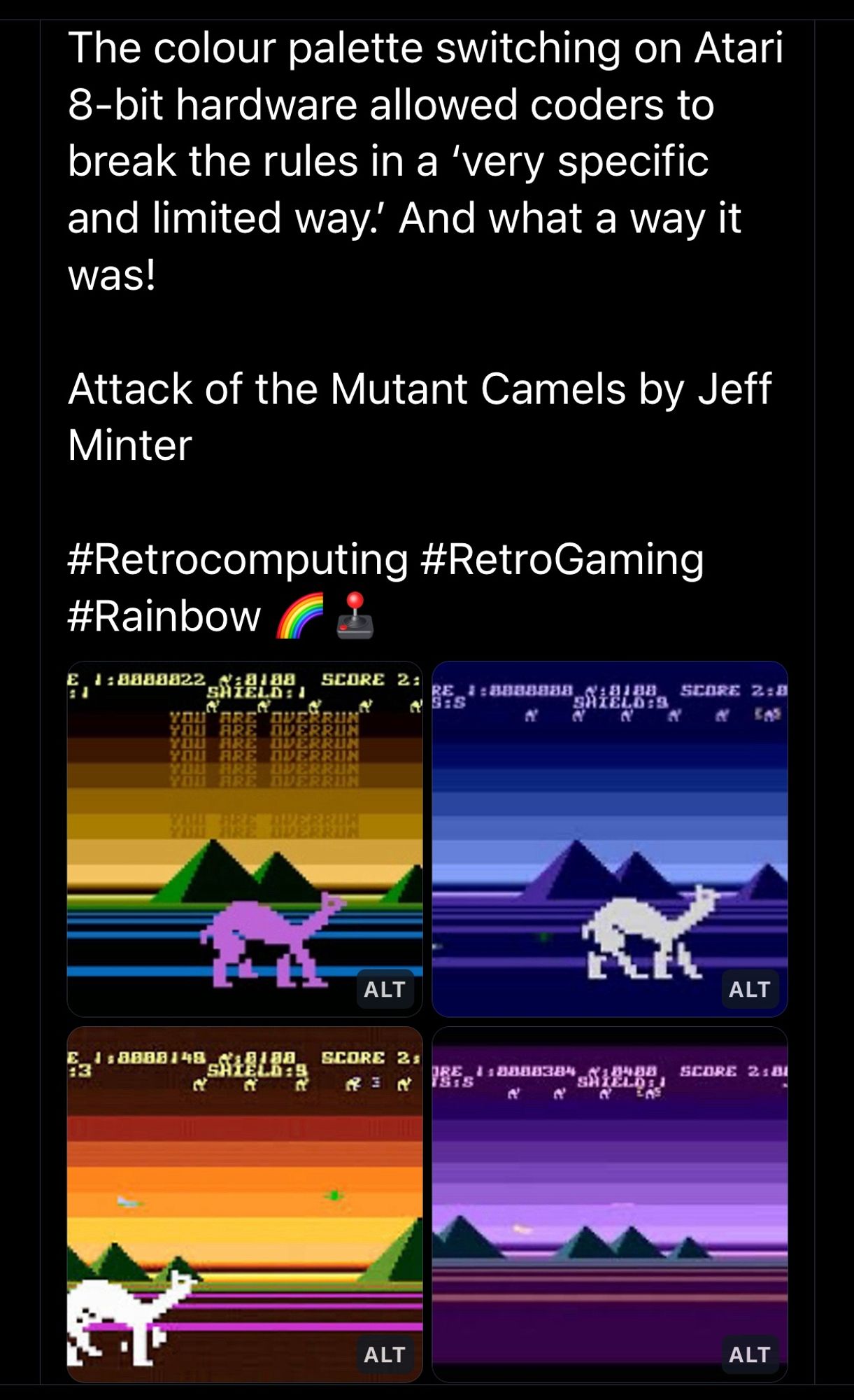 Four screenshots of Attack of the Mutant Camels on the Atari 800/XL 8-bit computers. The sky show a grading of shade from dark to light as it draws down to the horizon.