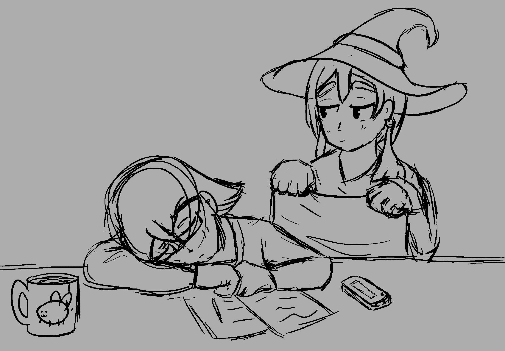 A sketch of Fern, a girl with glasses, sleeping at a desk. Willow, a witch, approaches from behind with a blanket.