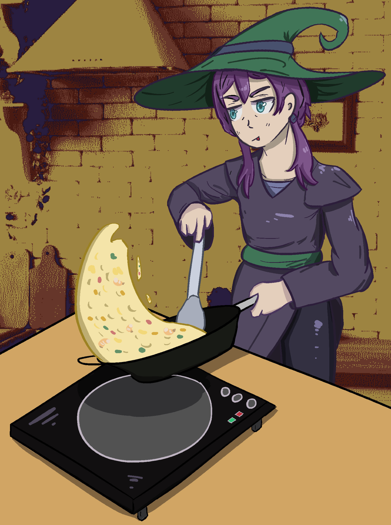 A witch fries rice in a pan over an induction cooktop