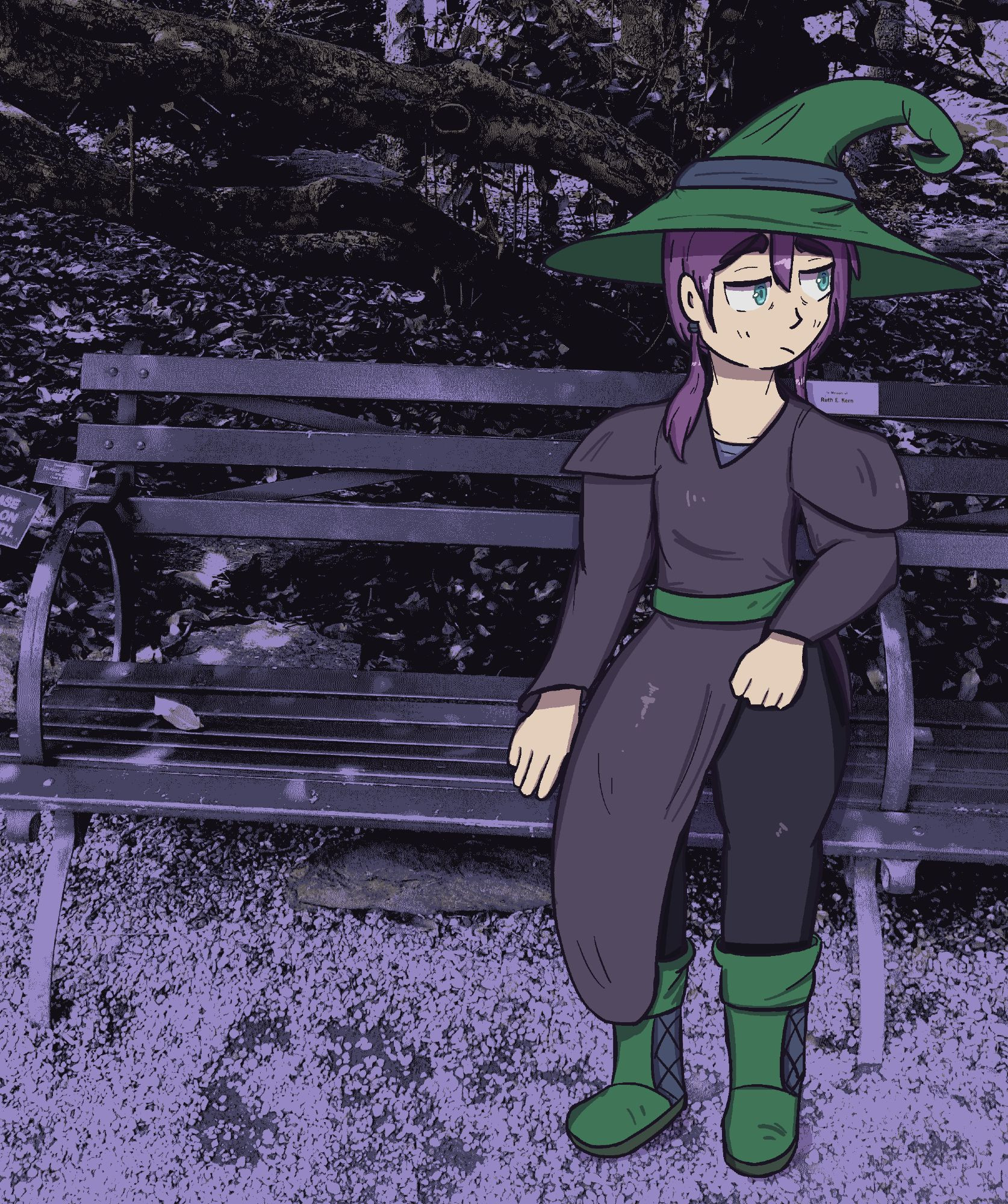 A witch drawn sitting on a photograph of a bench