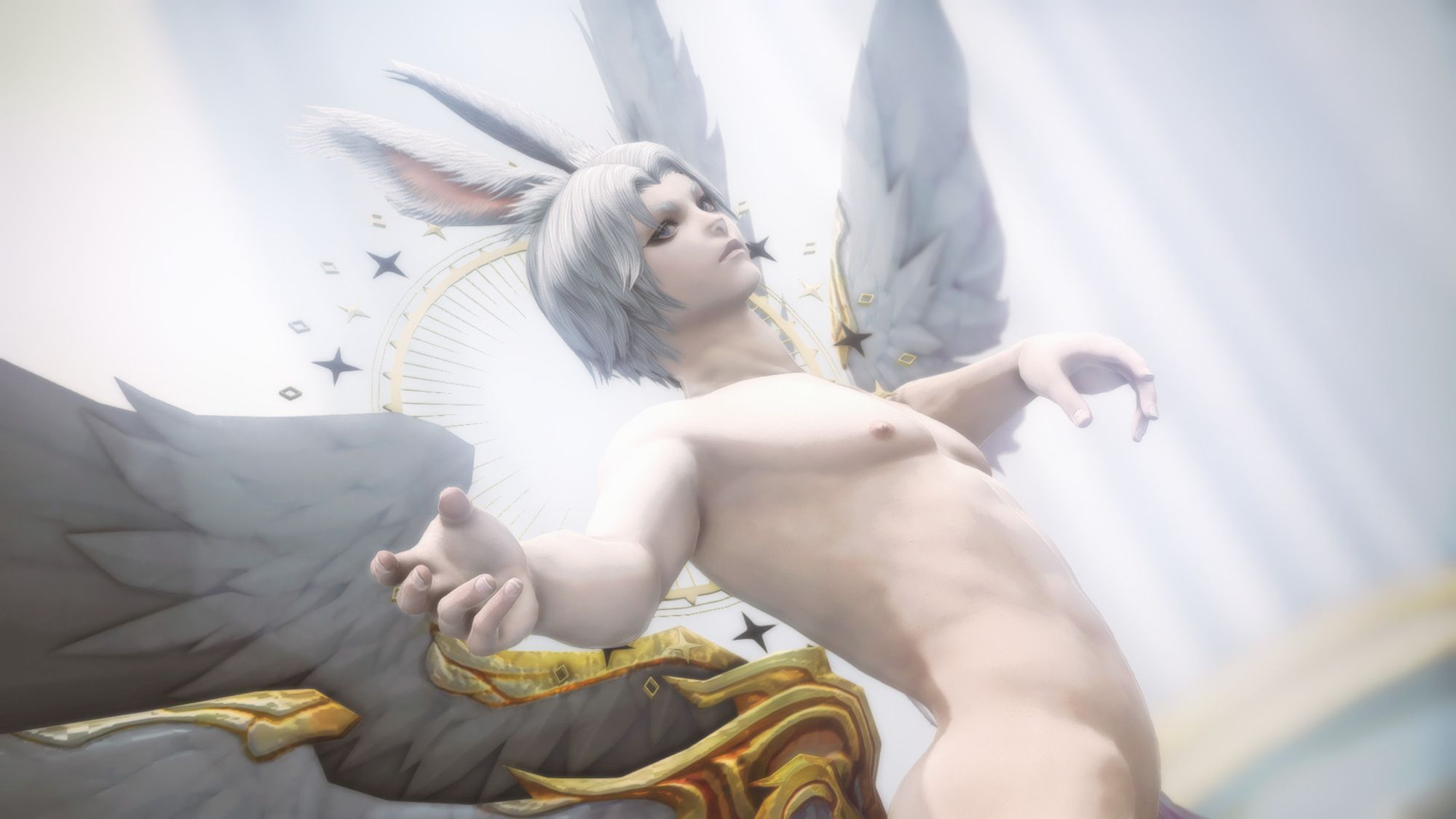 A white-haired Viera male (my character Loki) from Final Fantasy 14 gazes serenely at something off-screen. His pose is referential of classical depictions of angels and other divinity. Behind him stretch six white feathered wings, and a gold ring halos his head.