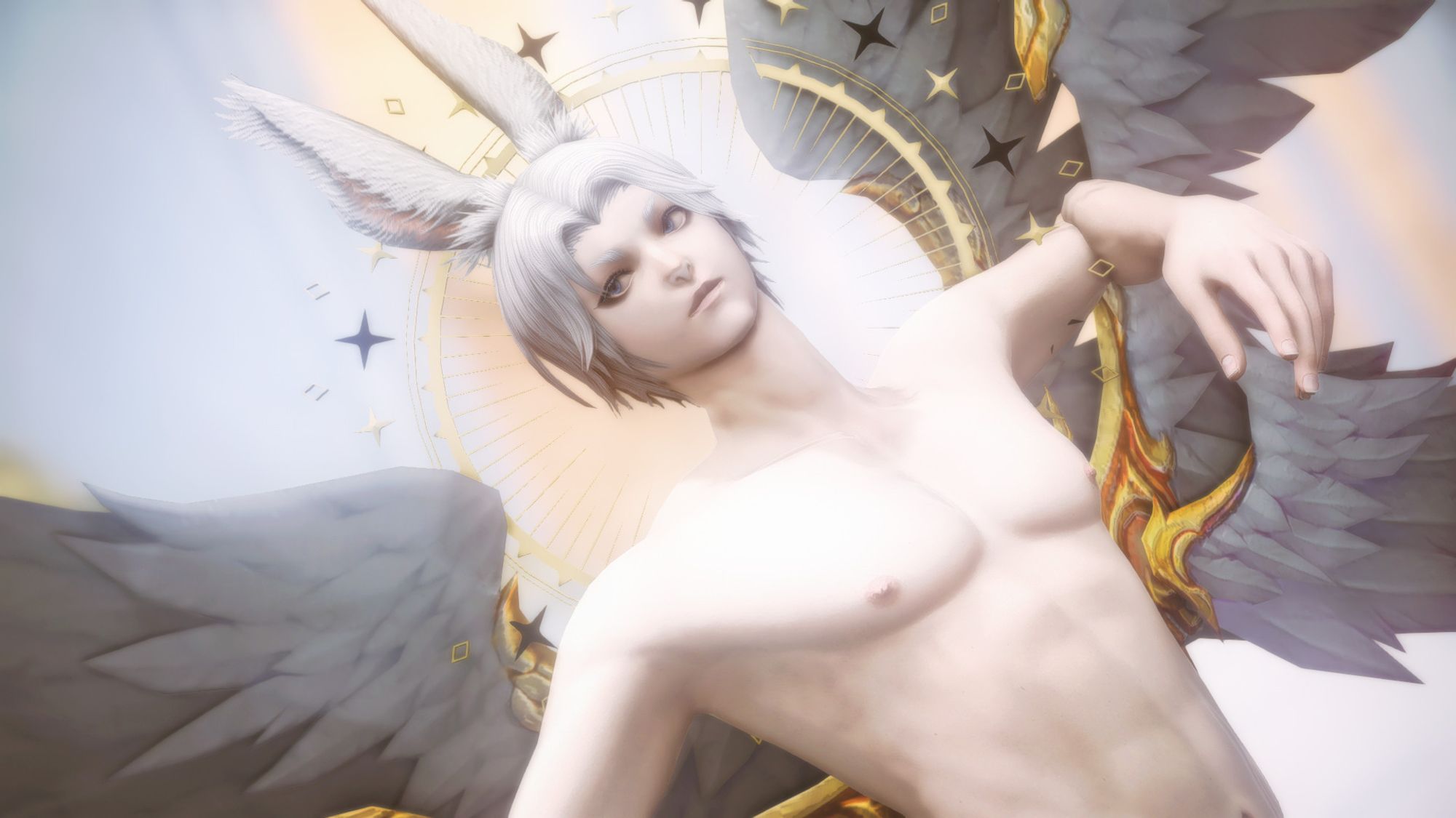 A white-haired Viera male (my character Loki) from Final Fantasy 14 gazes serenely at something off-screen. His pose is referential of classical depictions of angels and other divinity. Behind him stretch six white feathered wings, and a gold ring halos his head.