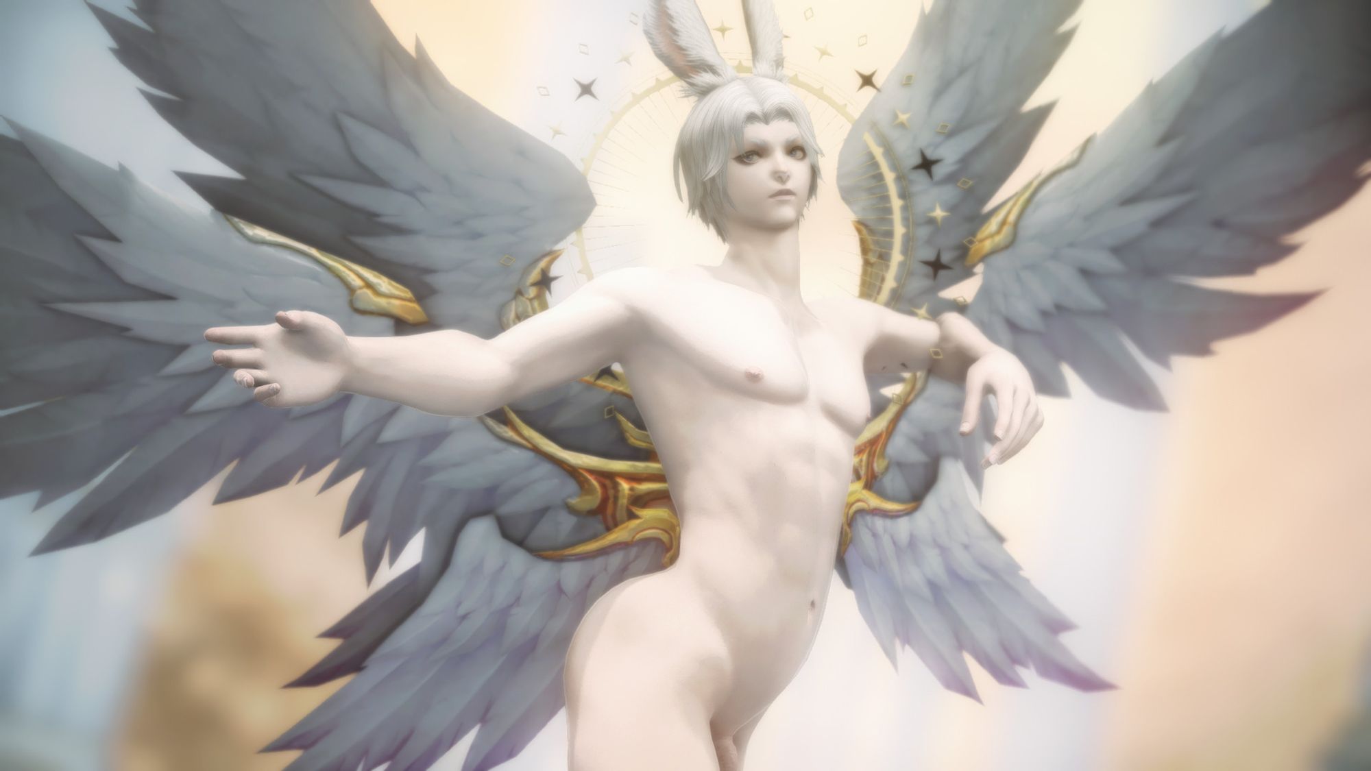 A white-haired Viera male (my character Loki) from Final Fantasy 14 gazes serenely at something off-screen. His pose is referential of classical depictions of angels and other divinity. Behind him stretch six white feathered wings, and a gold ring halos his head.