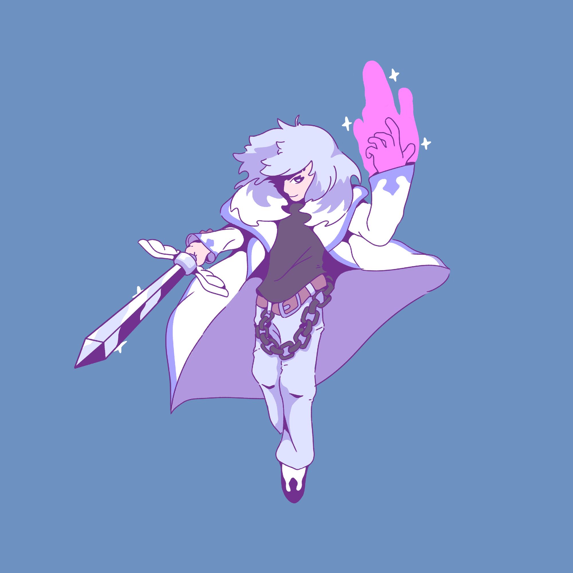 The character "Soma Cruz" from Castlevania series, floating in the air holding a sword in the right hand and doing some purple magic in the left hand.

no background, just a blue-ish color