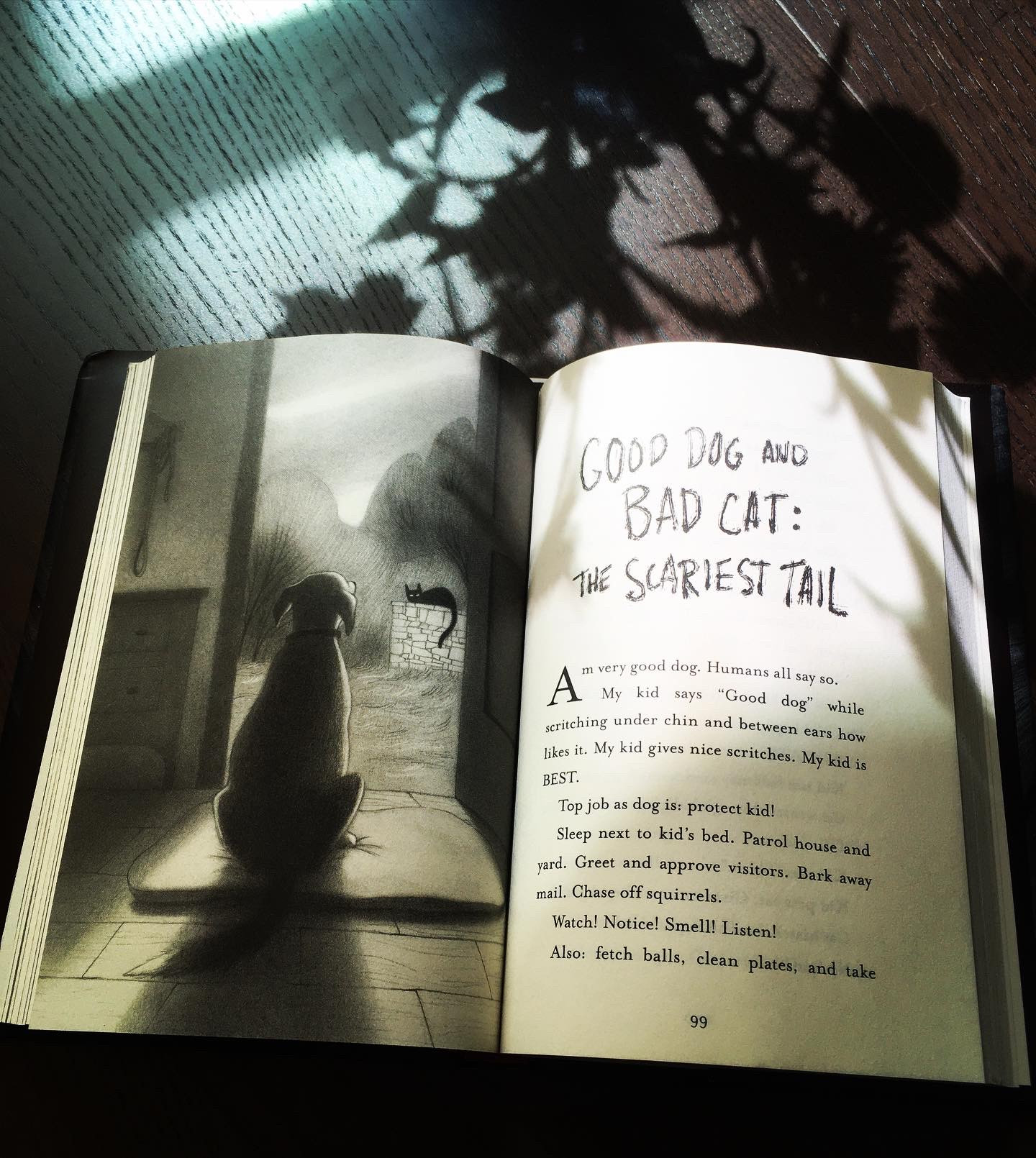 Book open to a full-page illustration by Carolina Godina of a dog sitting in an open doorway, looking out at a black cat with glowing eyes, opposite the first page of the story Good Dog and Bad Cat: The Scariest Tail. The book is on a wooden table, with shadows from a vase of plants cast over it 