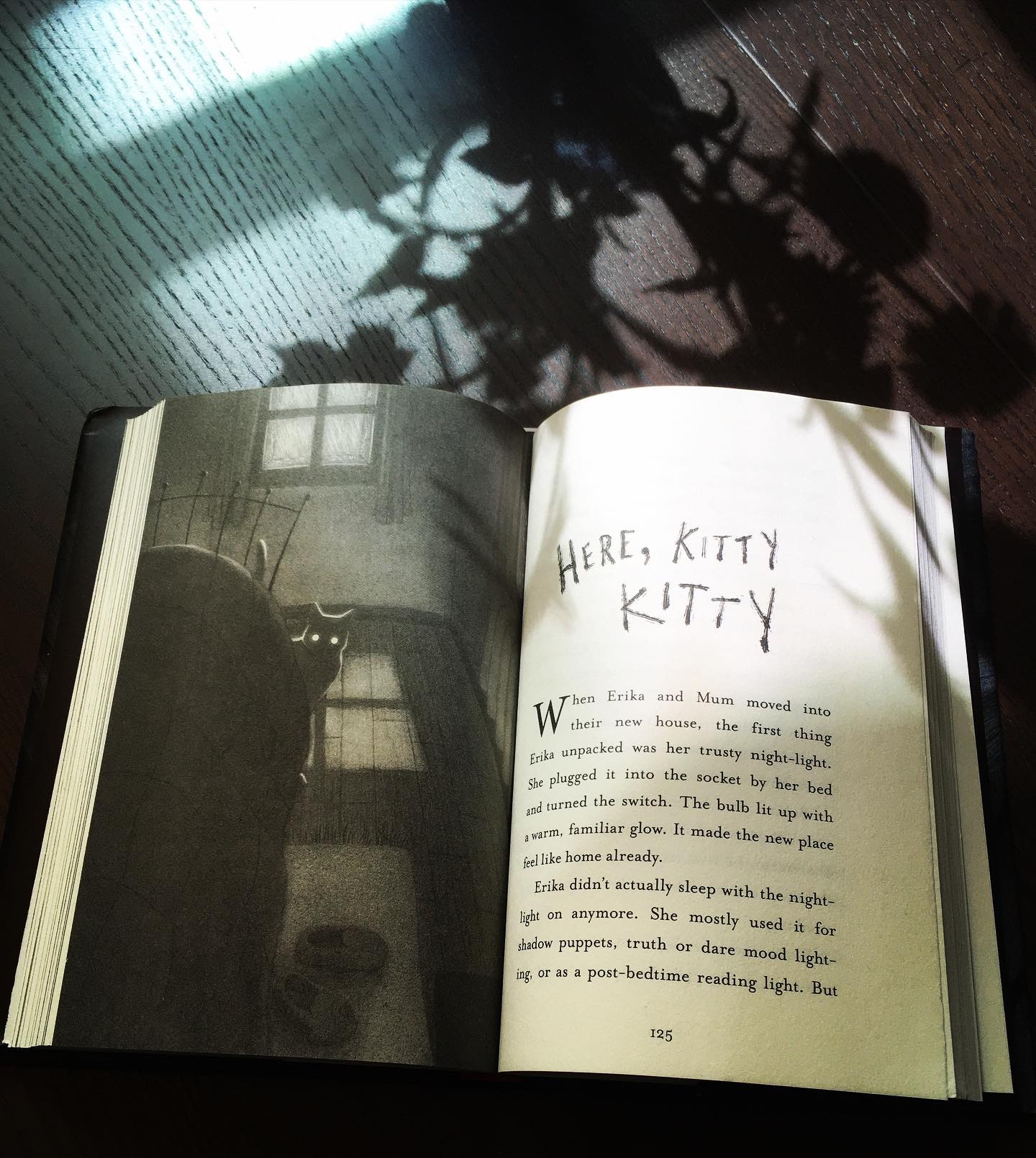 Book open to a full-page illustration by Carolina Godina of a spooky cat in shadow, eyes glowing, at the foot of a bed in a sparse bedroom, opposite the first page of the story Here, Kitty Kitty. The book is on a wooden table, with shadows from a vase of plants cast over it 