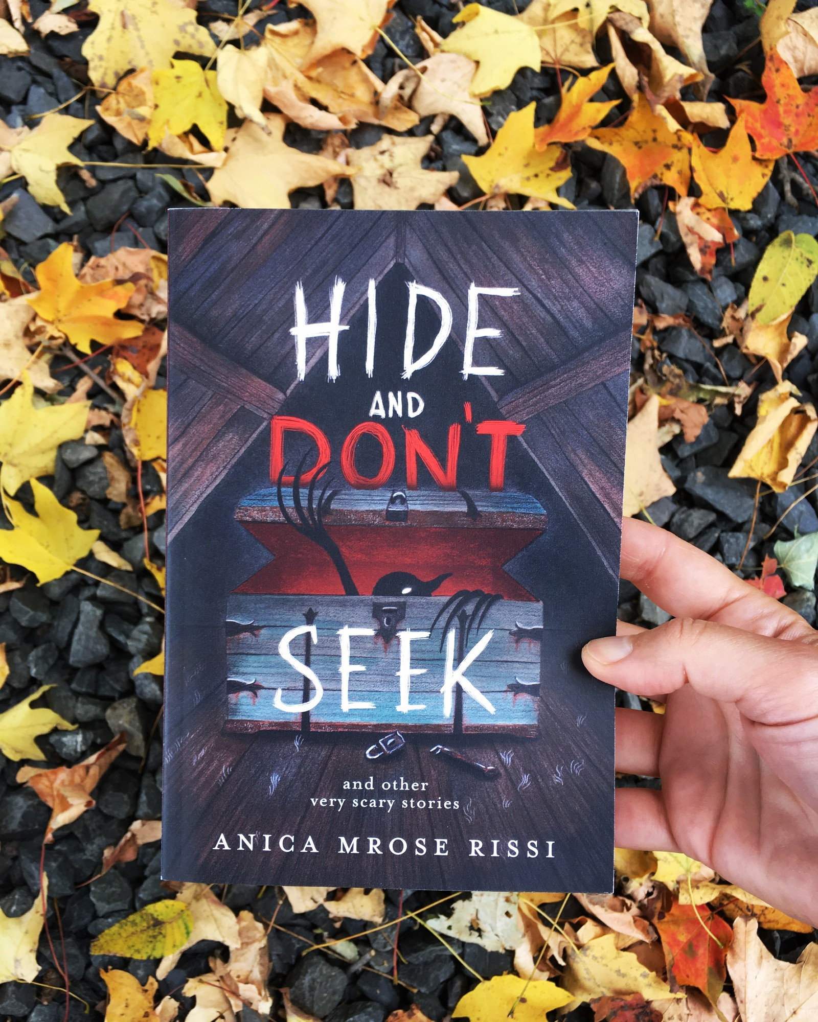 Paperback of HIDE AND DON'T SEEK: AND OTHER VERY SCARY STORIES by Anica Mrose Rissi, illustrated by Carolina Godina, held up over a rock driveway strewn with fallen yellow and orange leaves