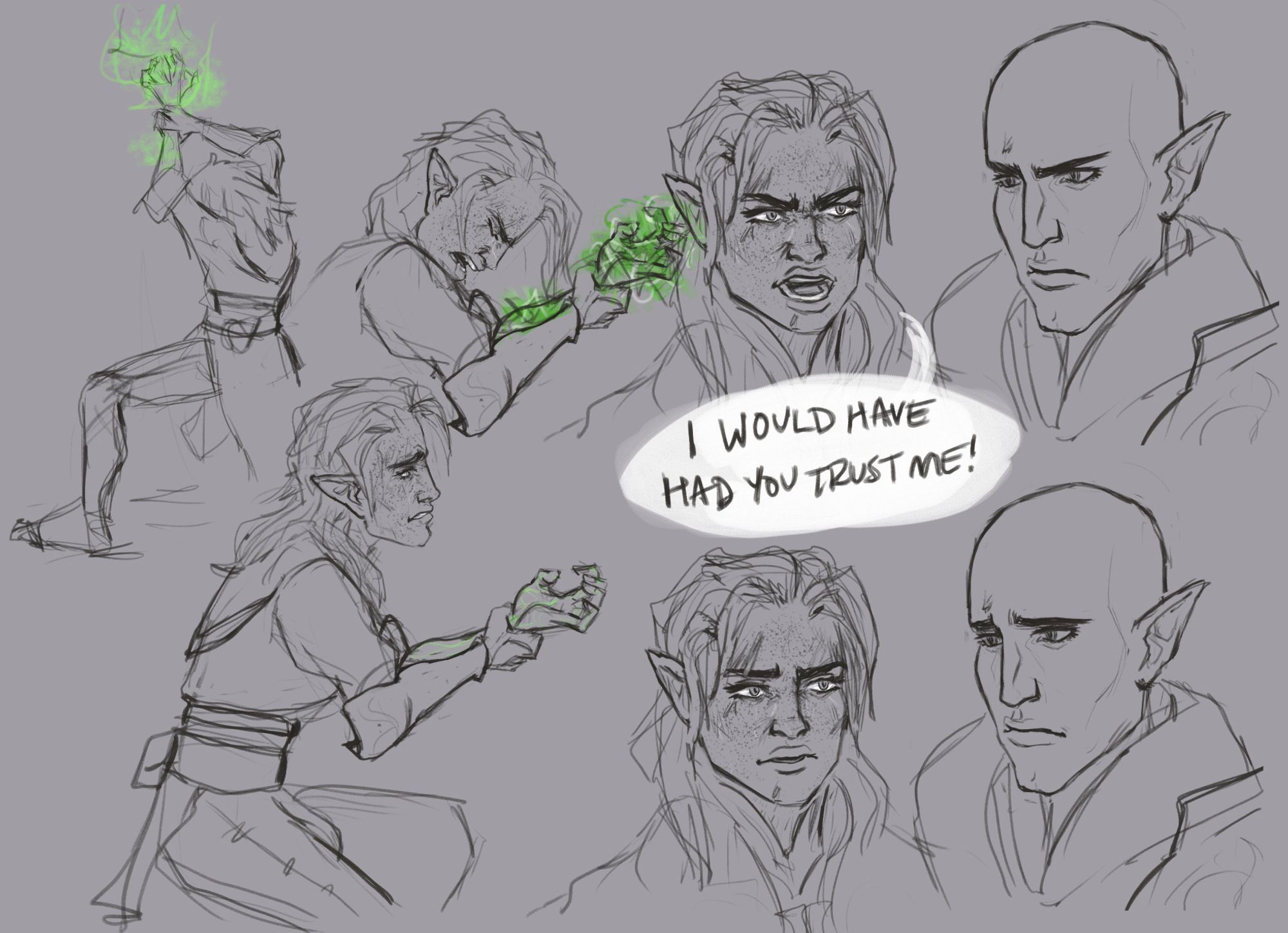 Kaede Lavellan sketches from Dragon Age Inquisition's Trespasser DLC. Holding her wrist as the anchor on her left hand flares painfully. Kaede shouting "I would have had you trust me!" at Solas, wearing an angry expression, then his expression softens.