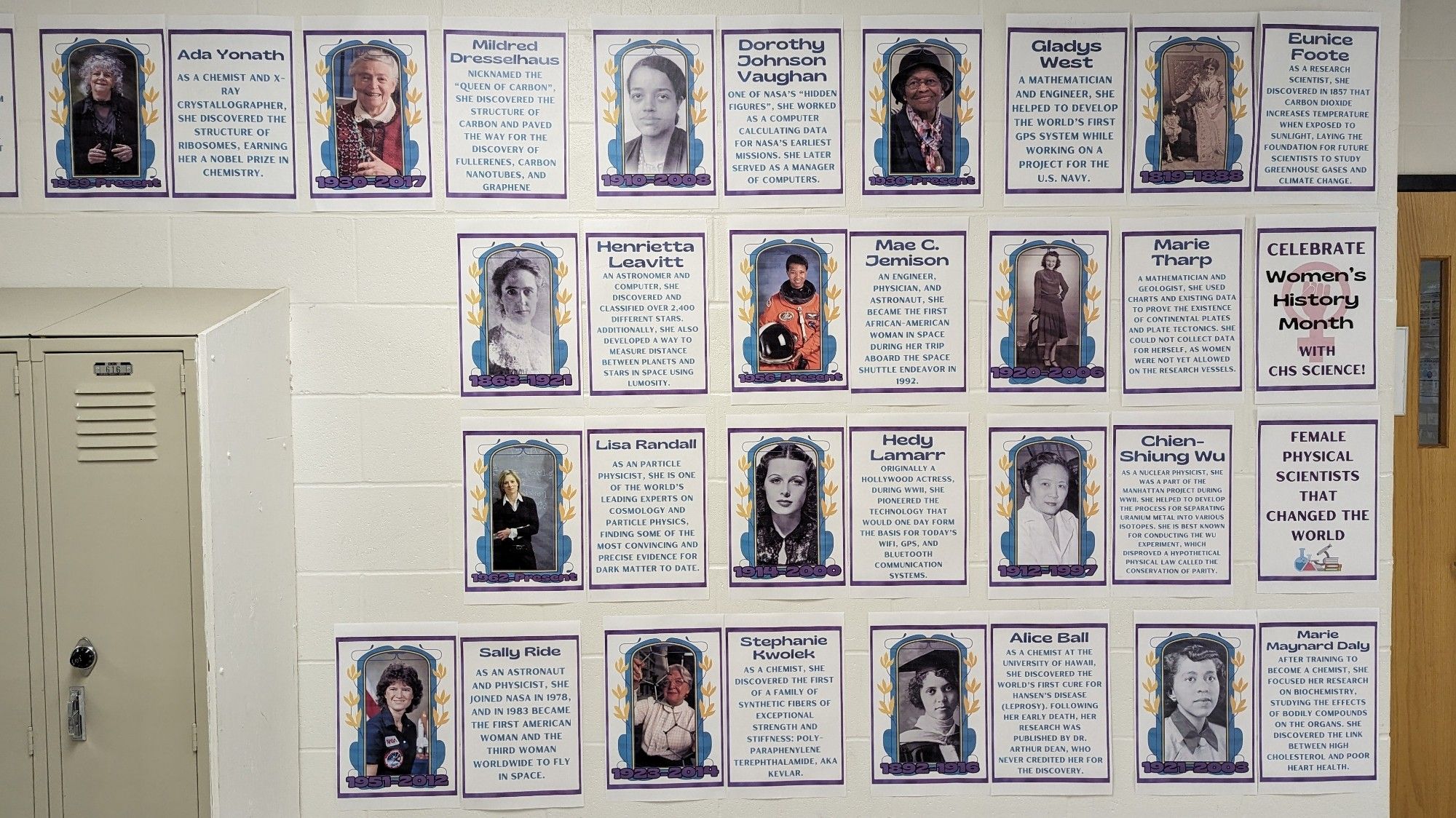 A wall with posters of women in science, including their names and accomplishments.