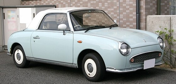 The Nissan Figaro in Pale Aqua. It is a Convertible based on the Nissan Micra.