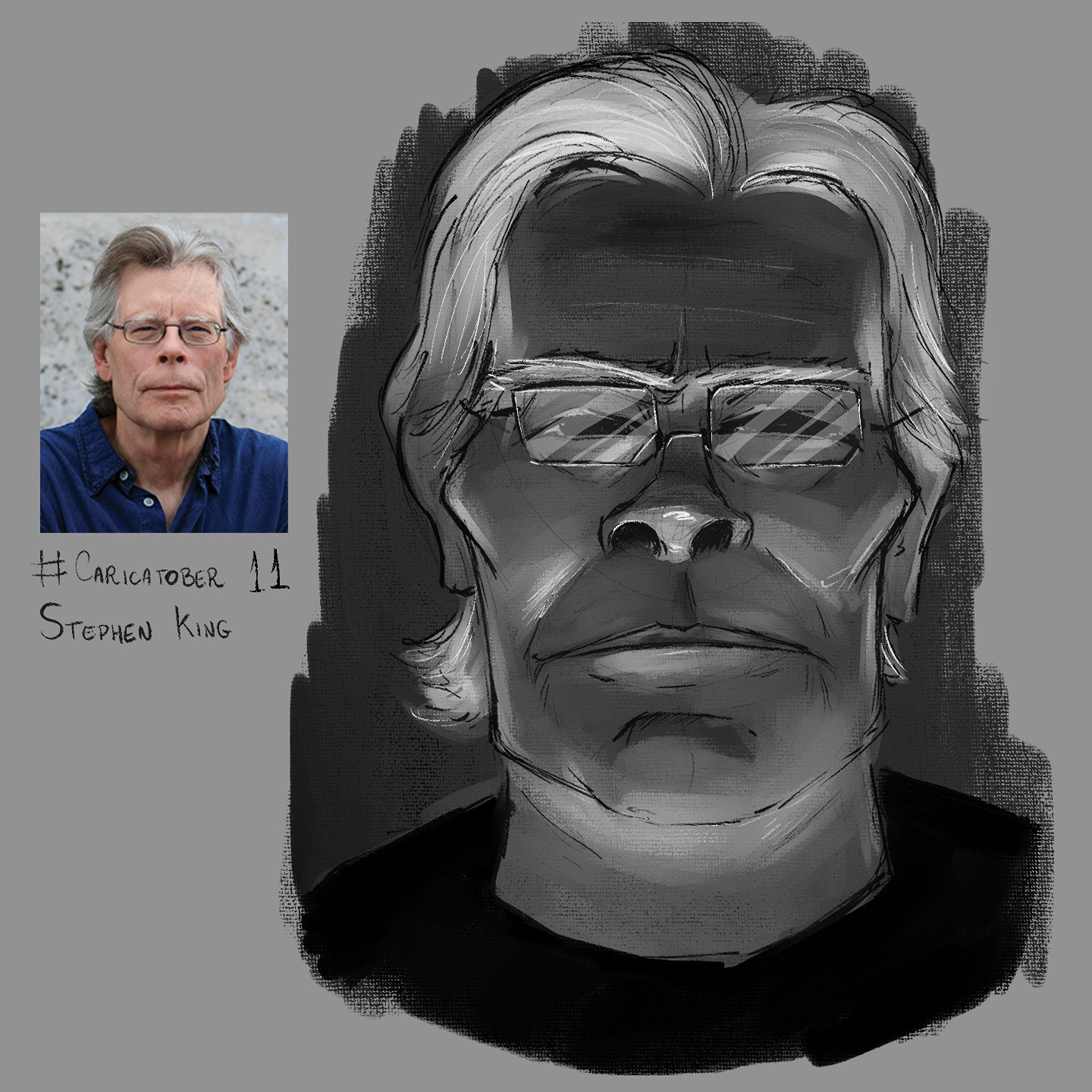 caricatura de Stephen King em preto e branco, iluminado com luz abaixo do rosto. Ao lado, fotografia do autor de referência