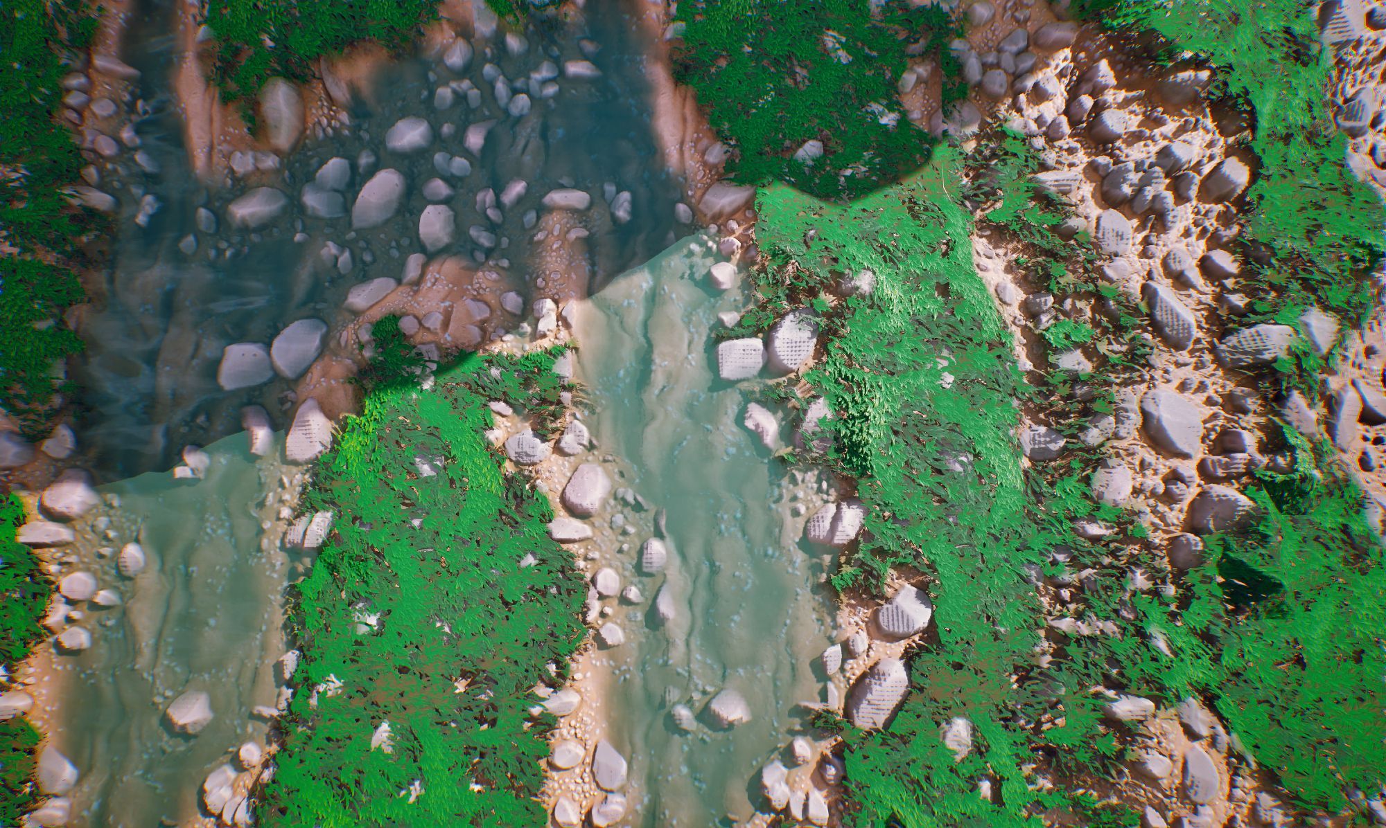 ue5 vertex painted river path with stone and grass