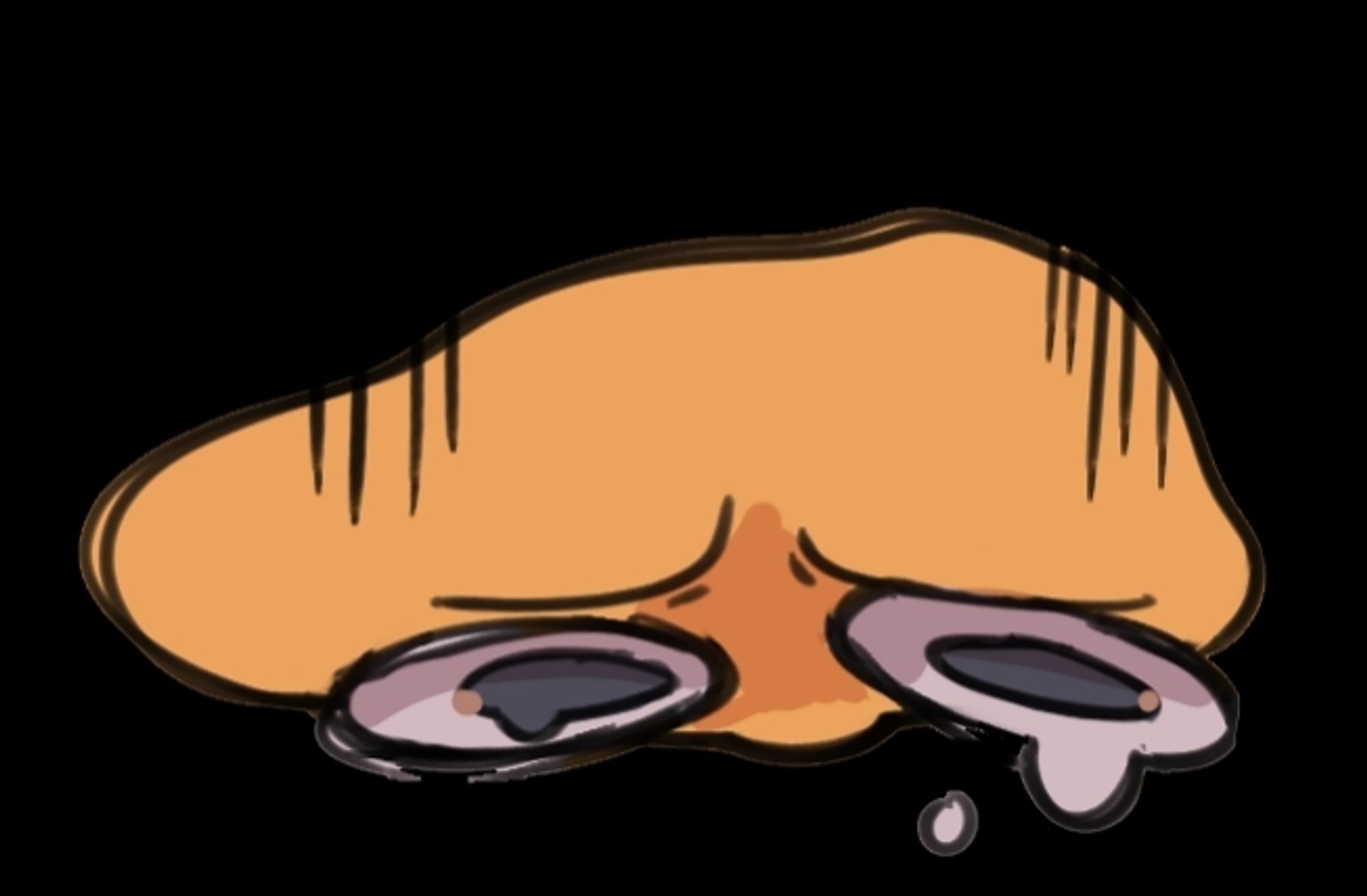 Drawing of an upset emoji face smooshed against the floor, crying, with stress lines on its forehead. Art by @smiggles