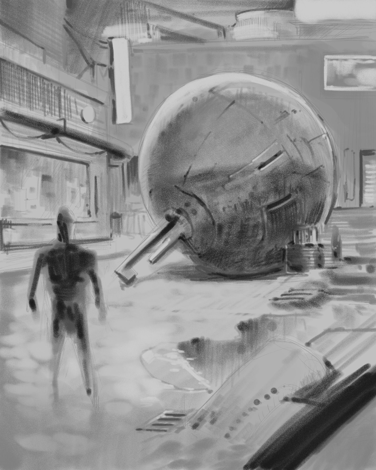 Robot contemplating a sphere on a damp street