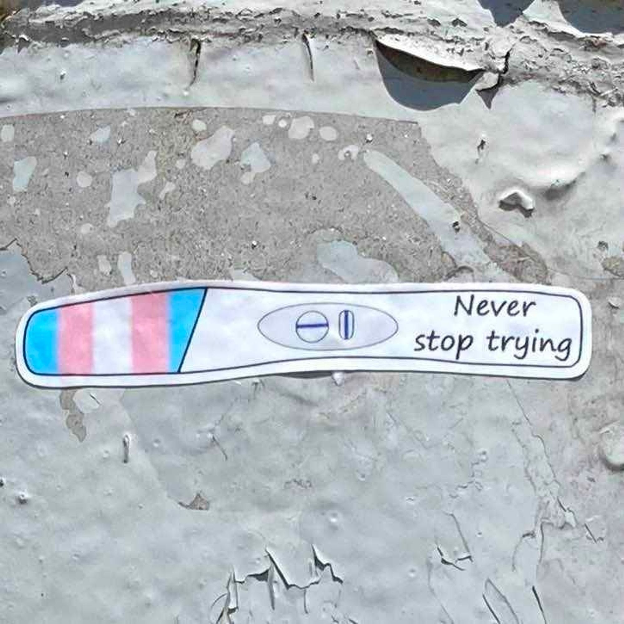 A sticker of a pregnancy test in transflag colors with the text "never stop trying"