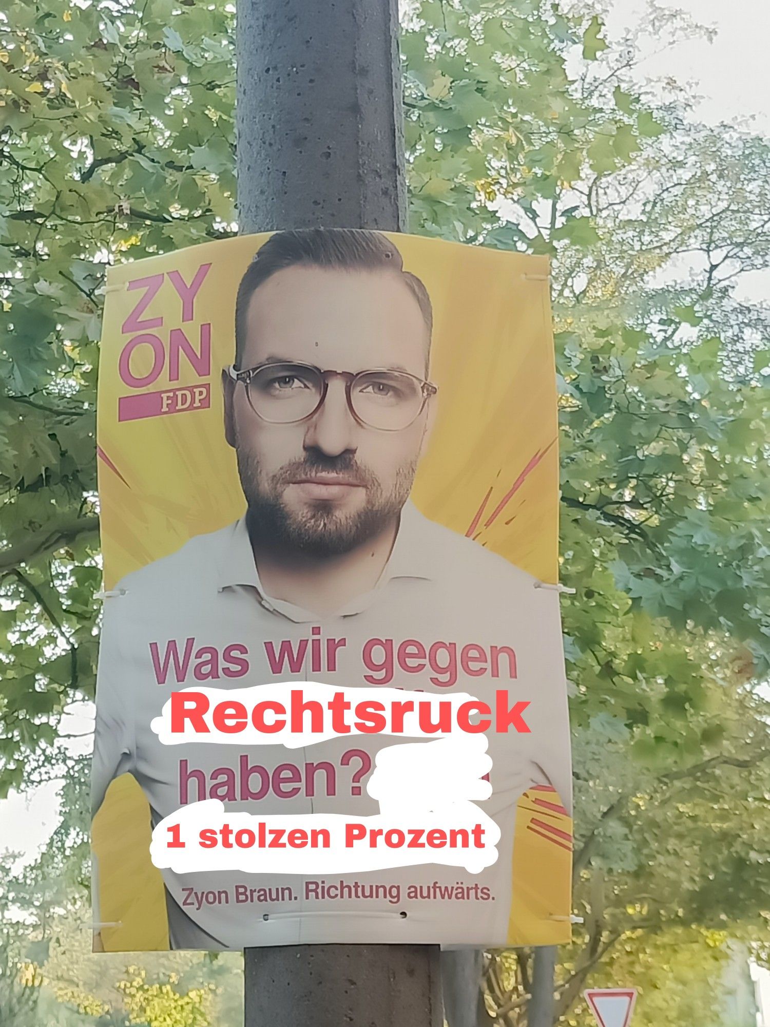 Editiertes FDP Plakat von Zyon Braun mit dem Text (eckige Klammern sind die editieren Sachen)
"was wir gegen <Rechtsruck> haben? <1 stolzen Prozent>

Zyon Braun. Richtung aufwärts"