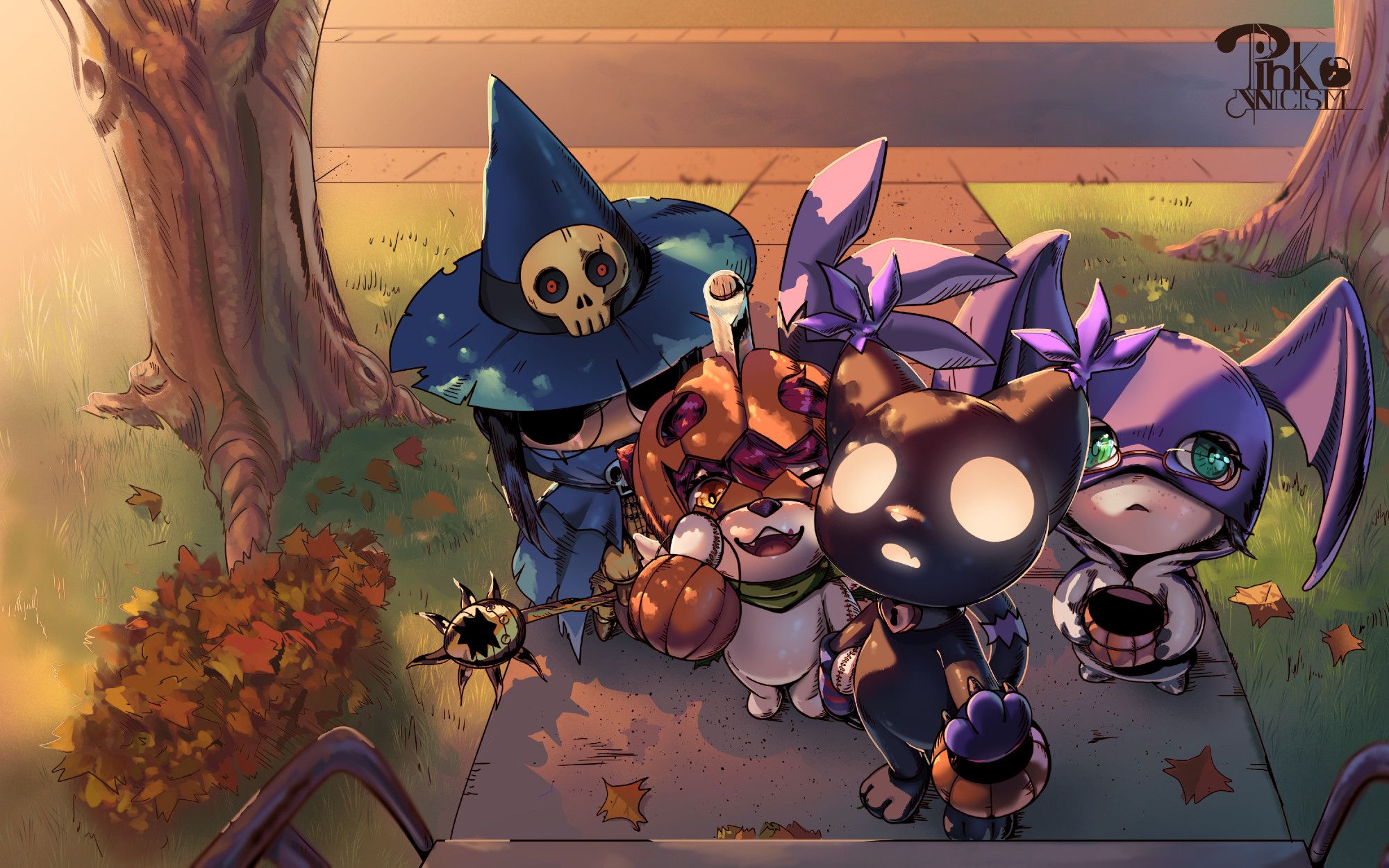 In an autumn sunset, waiting at the driveway with pumpkin buckets in their hands and digimon costumes on, four figures. From left to right it's a long, black haired doll with empty eyes and round glasses dressed like wizardmon, holding their bucket and staff with both hands in front of them. A red fox lifting the head of their pumpkinmon costume above their muzzle to give a big smile, bucket looped around their lifting arm. A void black cat with glowing features and collar with a rose gold locket of a heart shaped lock, dressed like blackgatomon while holding the free hand of the red fox tightly. A green eyed girl with short black hair, red glasses and freckles; dressed in a tsukaimon onesie while wrapping her arms around her bucket.