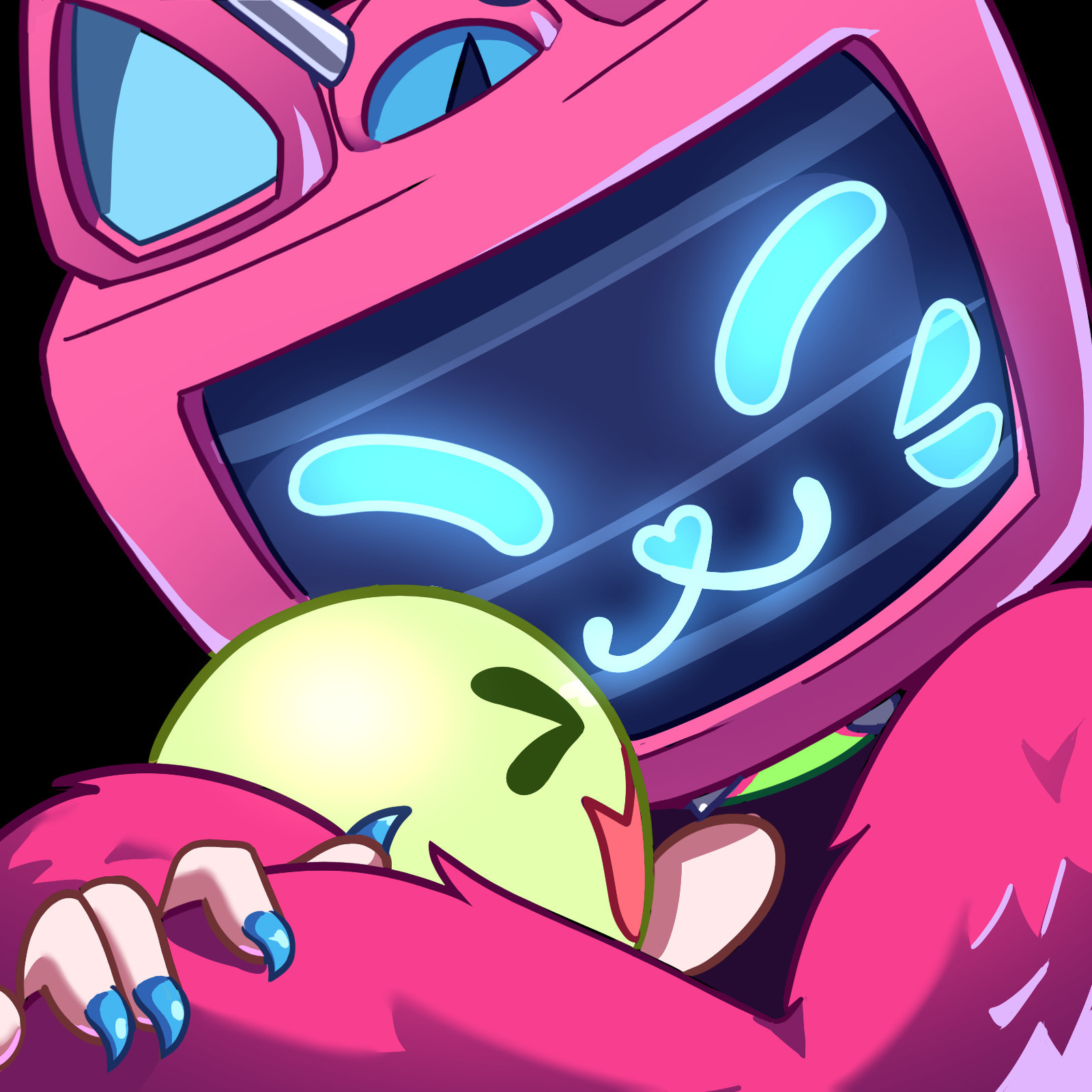 Digital drawing. Monitor headed pink catgirl hugs a green, fluorescent ghost.