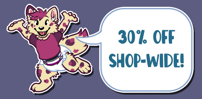 Image shows a spotted canine character on the left wearing a diaper and purple shirt, with a speech bubble to the right that says "30% off shop-wide!"