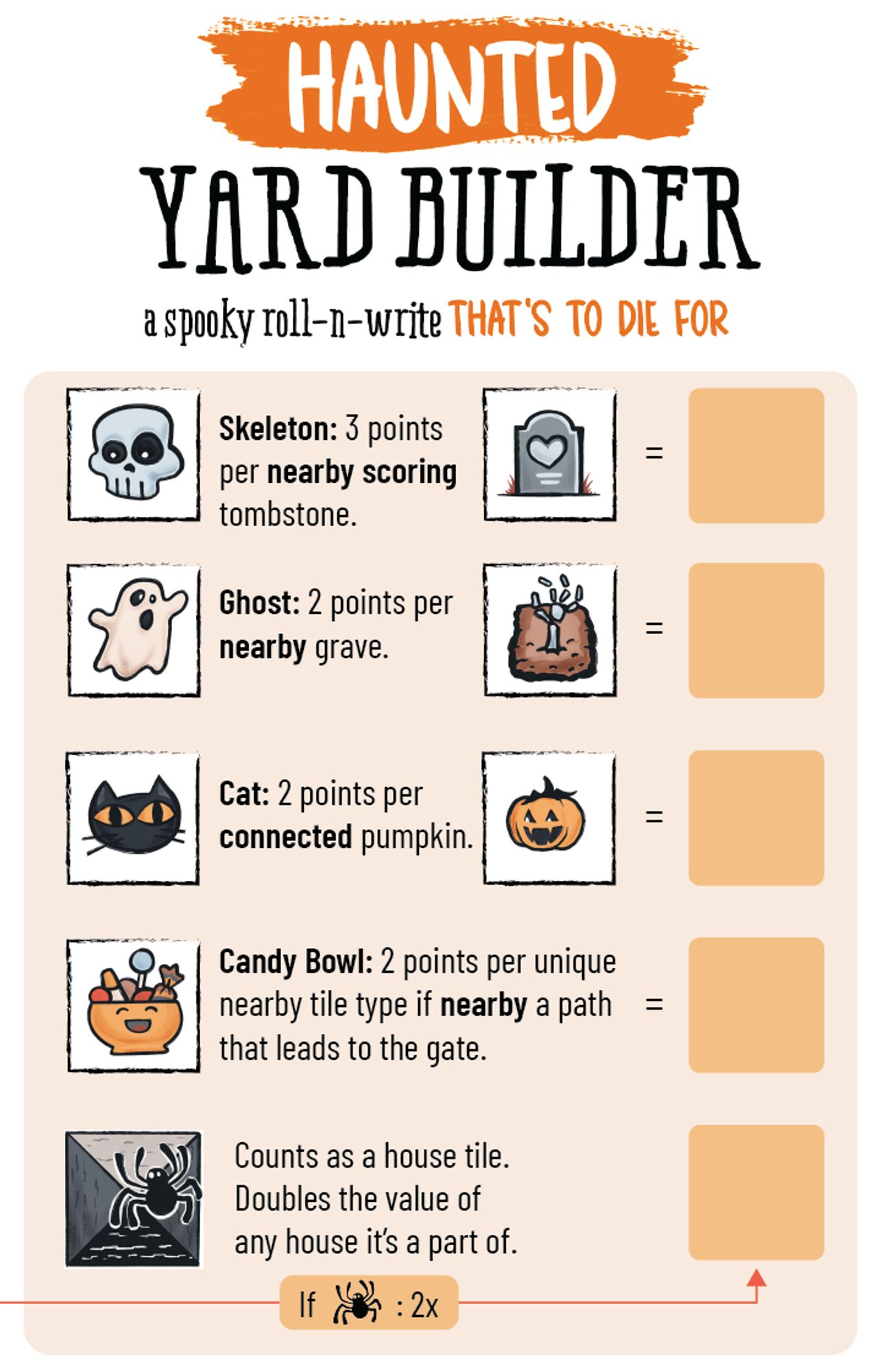 A preview of some of the artwork and scoring conditions for a halloween-themed version of YardBuilder. Cartoony skulls, tombstones, ghosts, pumpkins, and more...