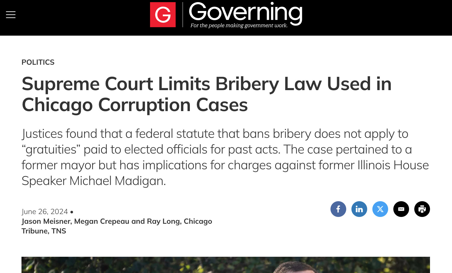 Politics
Supreme Court Limits Bribery Law Used in Chicago Corruption Cases
Justices found that a federal statute that bans bribery does not apply to “gratuities” paid to elected officials for past acts. The case pertained to a former mayor but has implications for charges against former Illinois House Speaker Michael Madigan.
June 26, 2024 •  Jason Meisner, Megan Crepeau and Ray Long, Chicago Tribune, TNS