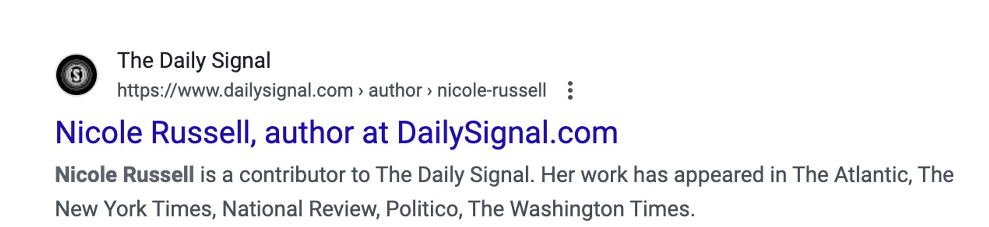 Nicole Russell, author at DailySignal.com

The Daily Signal
https://www.dailysignal.com › author › nicole-russell
Nicole Russell is a contributor to The Daily Signal. Her work has appeared in The Atlantic, The New York Times, National Review, Politico, The Washington Times.