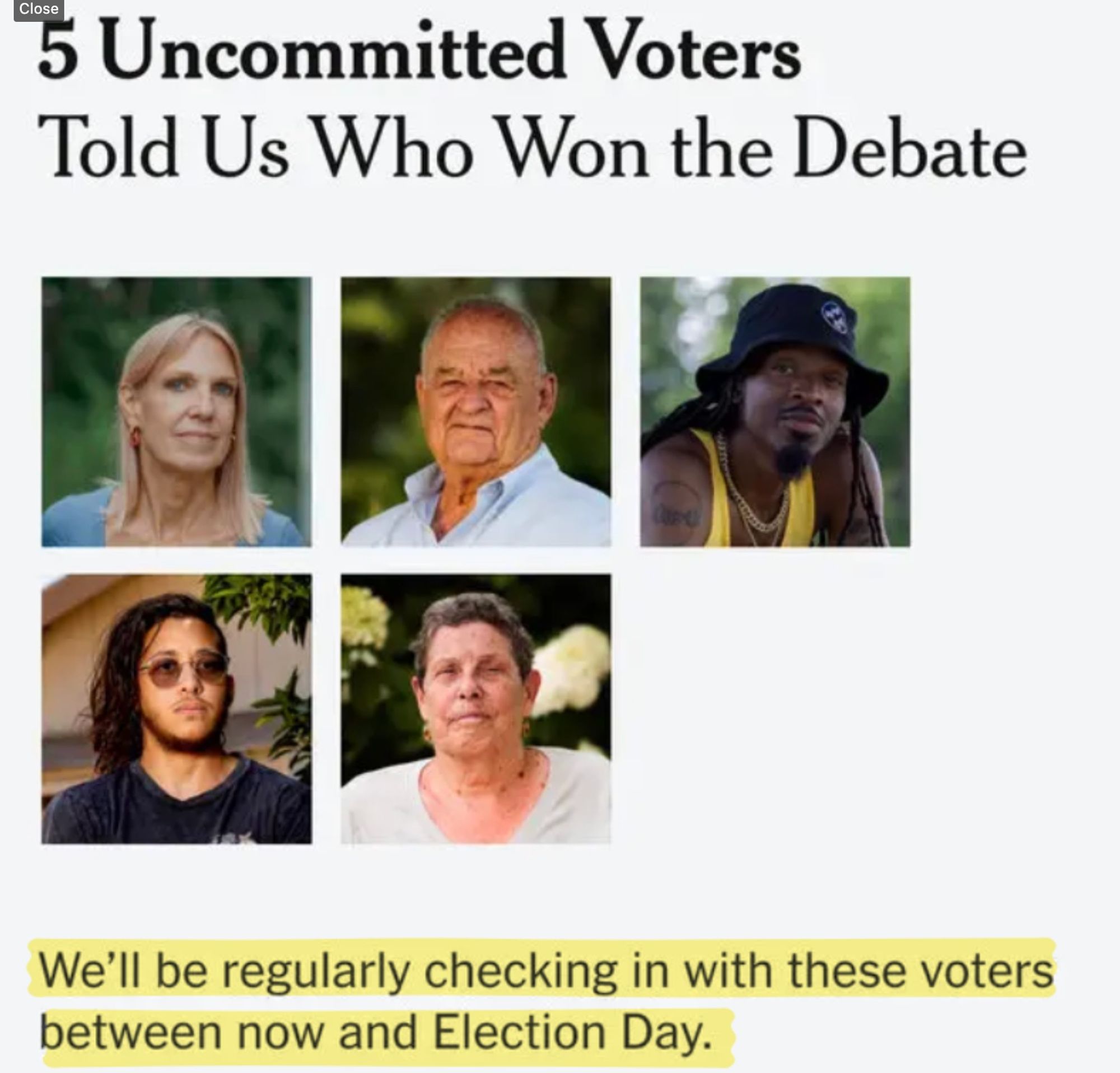 5 uncommitted voters, then five pictures.
NYT: we'll be regularly checking in with these voters.