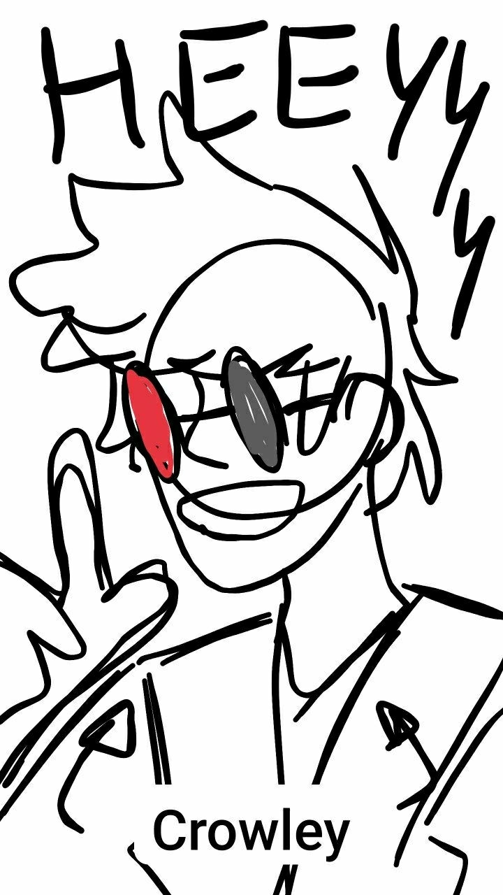 A sketch of Crowley (Good Omens) saying "HEYYY" making finger guns and wearing bicolor glasses (one of the lens of the glasses is red and the other black/grey).