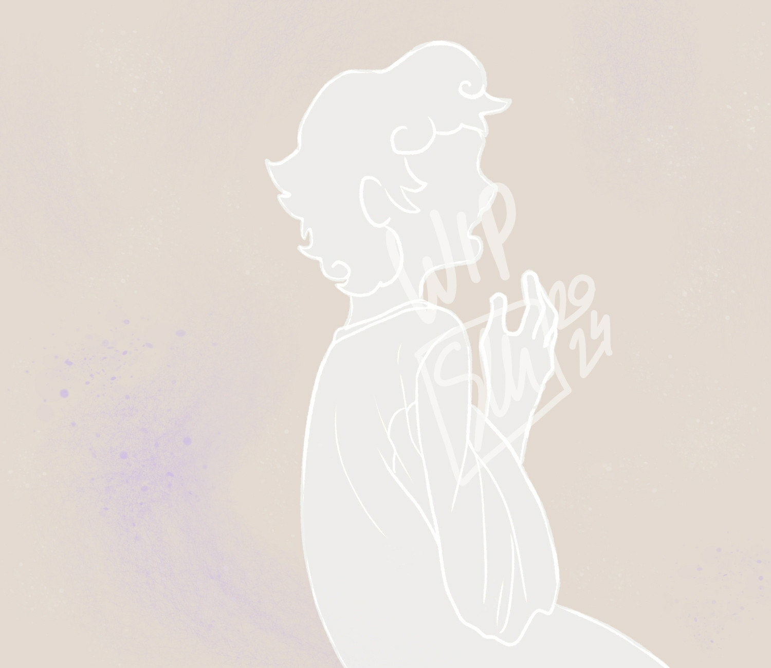 A WIP (Work In Progress) of a white silhouette of the Starmaker (from Good Omens, 2019) holding something invisible (?) in their hands and mouthing something unknownth.