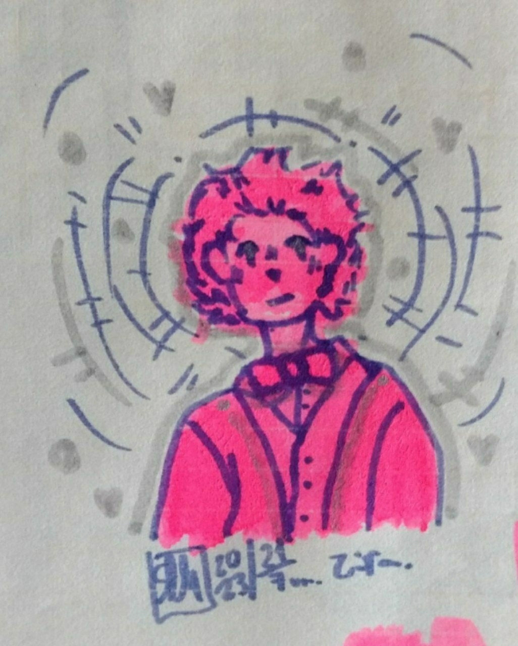 A pink-colored scribble, of Aziraphale from Good Omens in a very very simplified and cartooney style (?), drawn on paper.