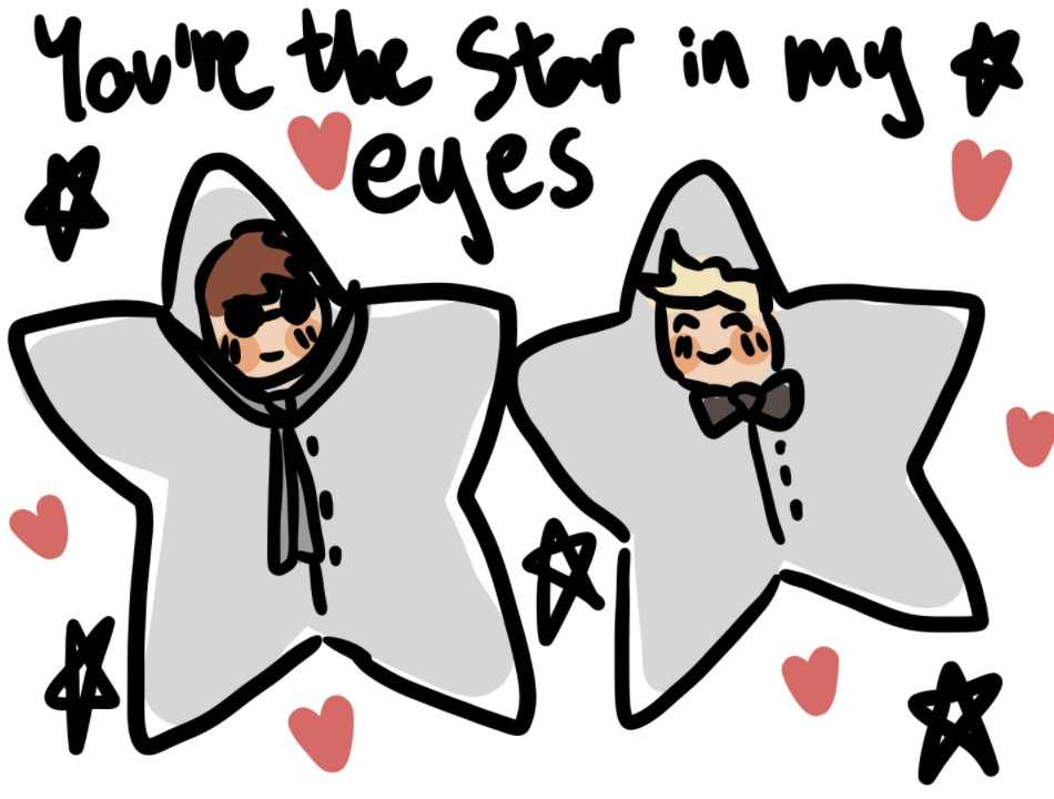 Chibis of Crowley and Aziraphale (Good Omens) in star-shaped full body pyjamas (I think they are, not sure). Above them there is a text written "You're the Star in my eyes" and around them are red hearts and loosely drawn stars.