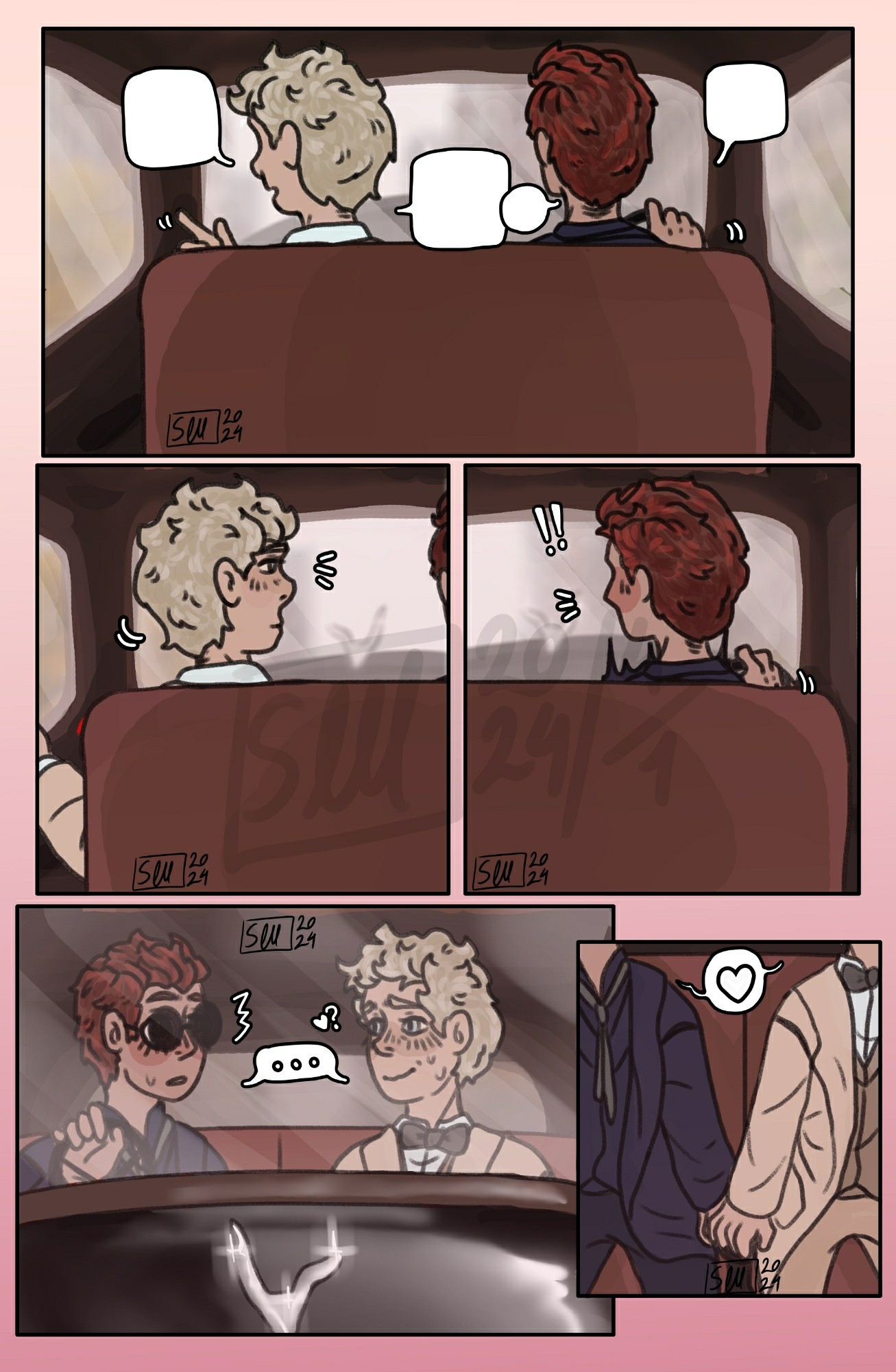 A five-panel comic of Aziraphale and Crowley (Good Omens,2019) in the Bentley, driving somewhere.
On the first panel the camera is on the back seat and we see Aziraphale and Crowley from behind. Aziraphale is talking with Crowley about something, vaguely pointing outside.
On the second panel we see Aziraphale, who turns his head to the right when he sees something, where Crowley is (switching gears), as he lowers his arm.
On the third panel we see Crowley, who gets surprised/scared and turns his head to Aziraphale.
On the forth panel we see a medium-close-up(?) of the faces of Crowley and Aziraphale from the emblem of the Bentley. Aziraphale looks a bit nervous and Crowley seems more surprised even, they remain in silence looking at each other.
On the last panel we see a close up from the Bentley's front seat, we can see Crowley's hand on the gear lever and Aziraphale's on Crowley's. Among them there is a dialogue ballon with a heart in it.