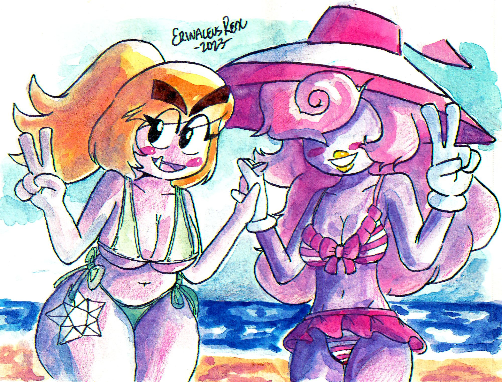 Over here is an old watercolor painting of Goombella and Vivian at the beach. This was originally posted onto Deviantart, but the scan quality was low, so I rescanned it to post here. 