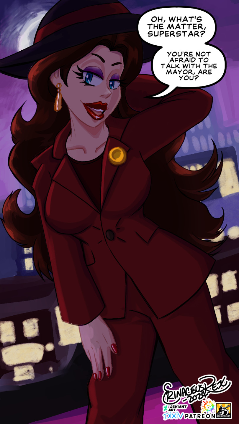 Mayor Pauline with the New Donk City Skyline in the night background. 