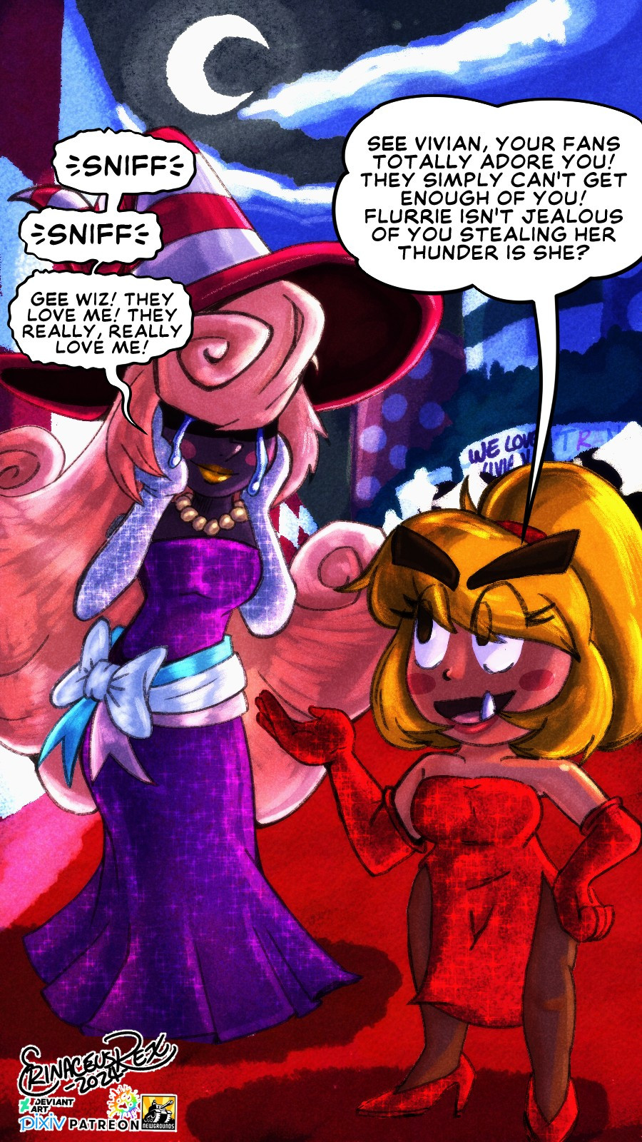 This is a digital drawing made around the release of Paper Mario TTYD, where I drew Goombella and Vivian as if they were red carpet models.