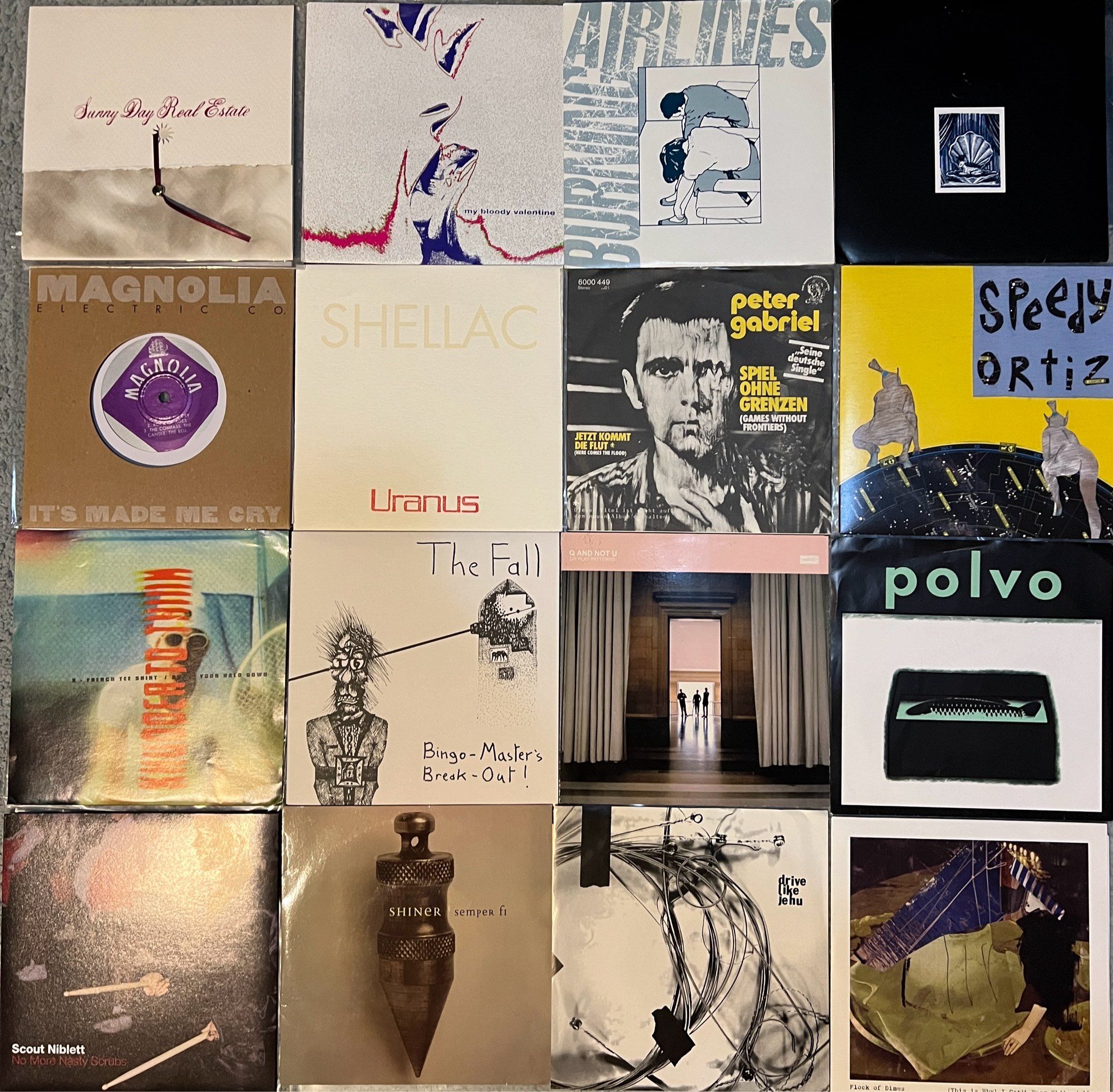 Sunny Day Real Estate - How It Feels 7”
My Bloody Valentine - Soon
Burning Airlines - Carnival
Low - Venus
Magnolia Electric Co. - It’s Made Me Cry
Shellac - Uranus
Gabriel, Peter - Spiel Ohne Grenzen
Speedy Ortiz - Ka-Prow
Shudder to Think - X French T-Shirt
Fall - Bingo-Master’s Break Out
Q and Not U - On Play Patterns
Polvo - Tilebreaker
Niblett, Scout - No More Nasty Scrubs
Shiner - Semper Fi
Drive Like Jehu - Bullet Train to Vegas
Flock of Dimes - (This Is Why) I Can’t Wear