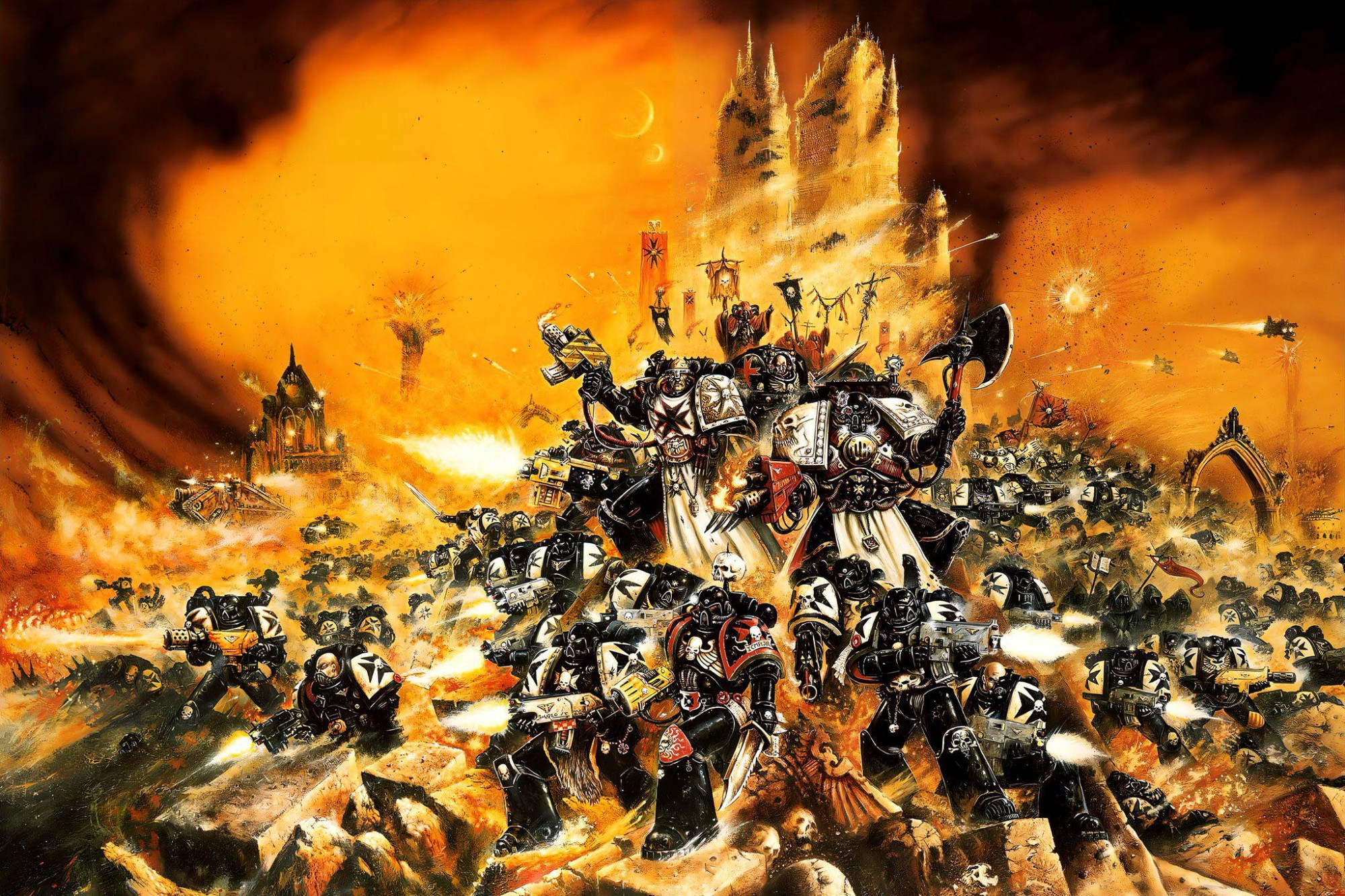 Classic John Blanche painting of Black Templars Space Marines in an evocative, sci-fi gothic style