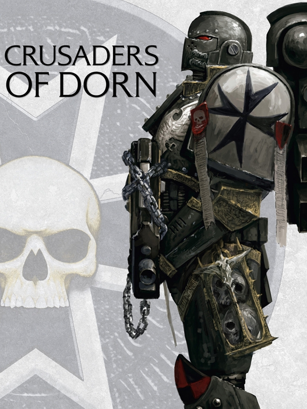 Interior artwork from the anthology book "Crusaders of Dorn" depicting a Black Templar Space Marine in the classic black and white colour scheme except for gold detailing on certain armour and a red and black chequered kneepad