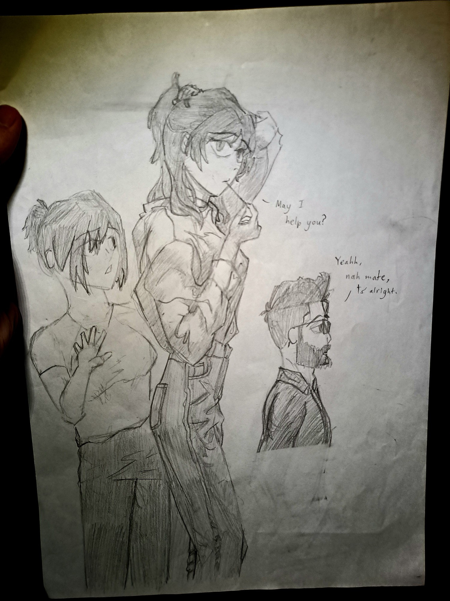 B&w character designs on paper that shows one woman wearing black tights and a white v-neck, one woman wearing a white oversized jacket with some grey jeans, and an upper half sketch of a man wearing glasses with a black buttoned-up shirt. Pictures edited a bit to brighten up said picture.