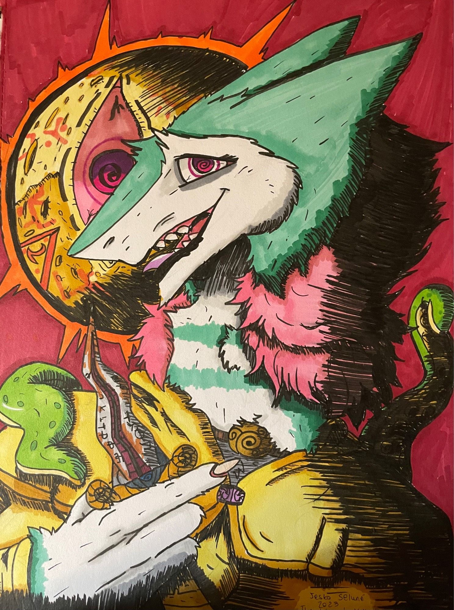 My fursona Jesko stands in front of an eldritch living moon. He is a striped cyan Sergal with fluffy pink hair. He wears a cloak of yellow, a spiral pendant around his neck. He holds a curved dagger and smiles delightfully. His eyes have turned pinkish purple, his pupil turned into a spiral. Coming from his back are two green octopoid tentacles with yellow undersides. The sky is red behind him and the moon stares with its massive pink eye. It is wreathed in a violent orange halo and runes mark its surface along with a number of craters. It is two shades of yellow, dark for lowlands and light for surface. I hope you like it!