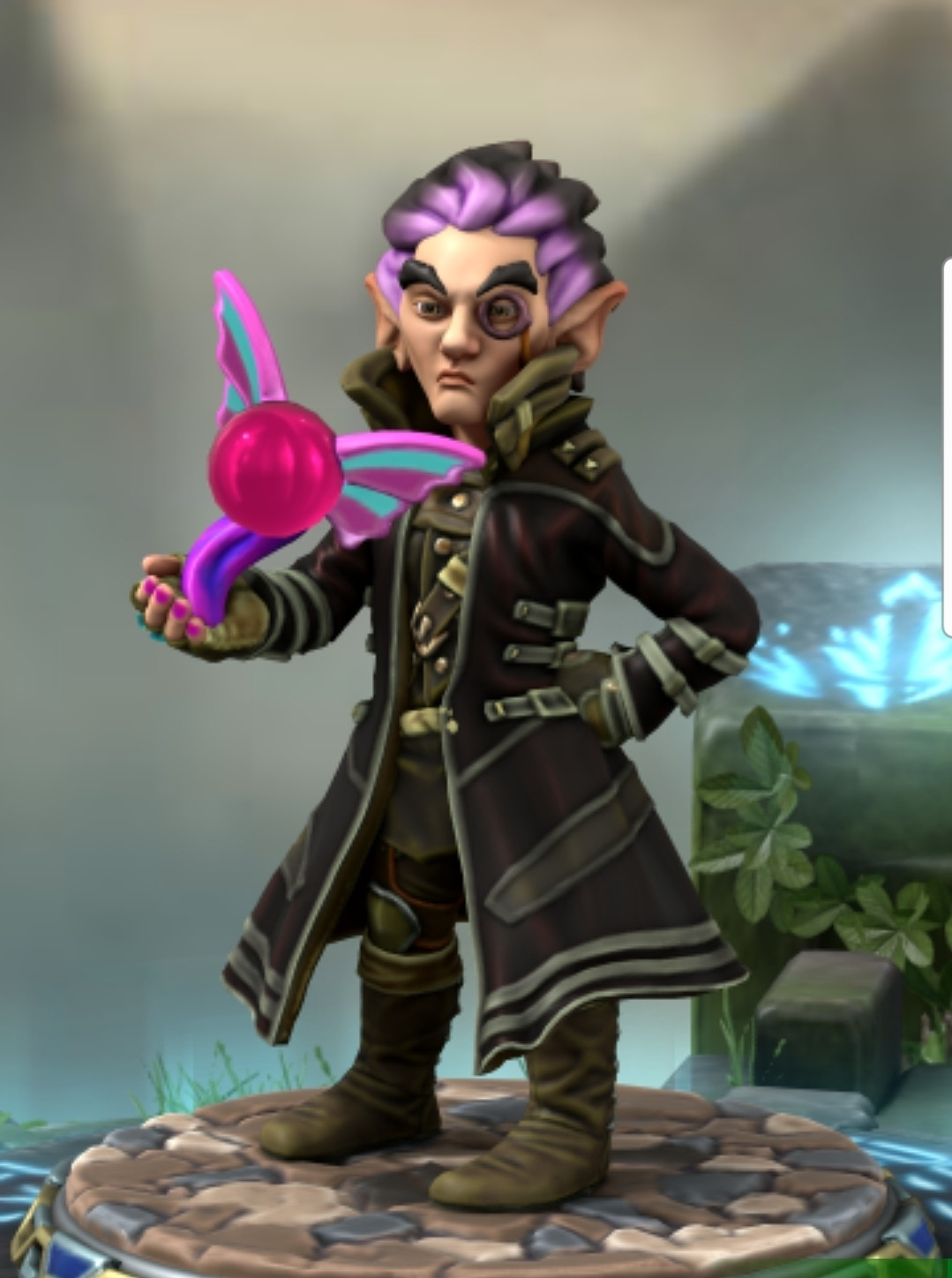 A anoyed gothy Gnome Warlock with a high collar a pink and blue fairy flying from his hand (made in Heroforge)