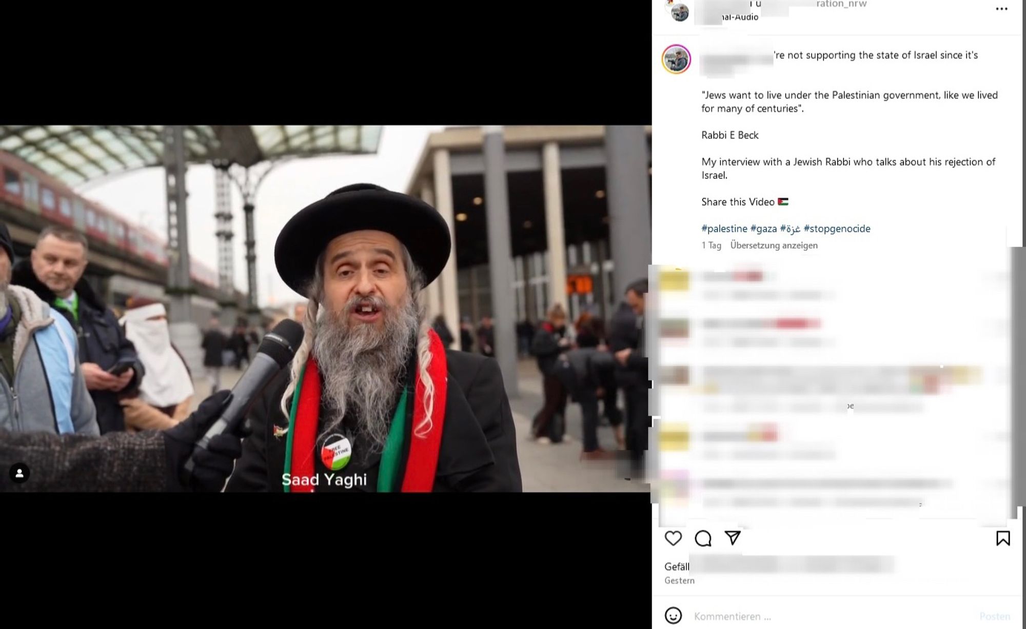 Rabbi Beck der jüdischen Sekte “Neturei Karta” mot grauem Bart und pro-Palästinensischen Schal sowie Sticker, Screenshot aus dem Social-Media-Account von Yaghi.