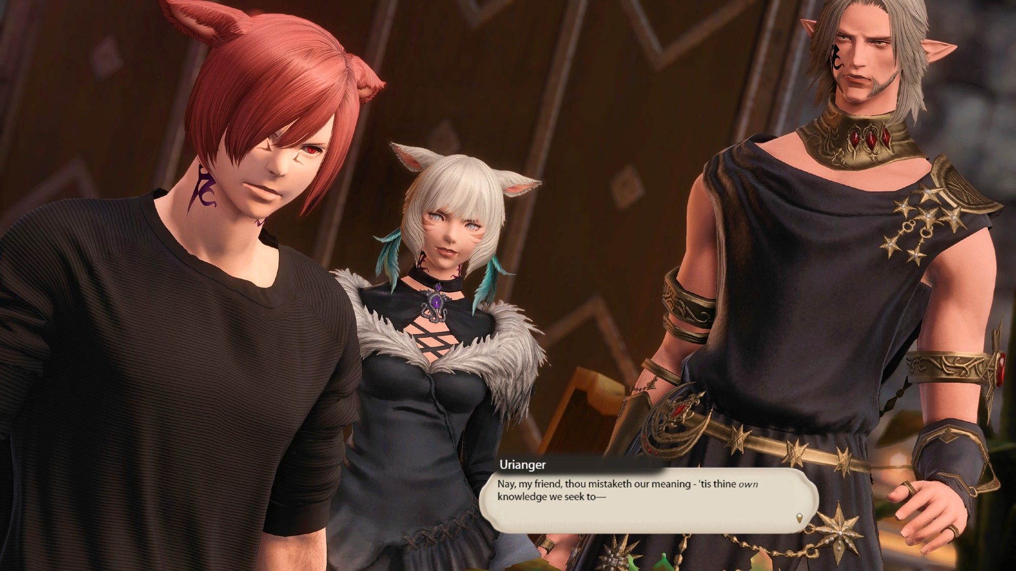 Concerned and alarmed, Urianger extends a hand to him in protest, desperately attempting to explain as Y'shtola looks on uneasily.

Urianger: 'Nay, my friend, thou mistaketh our meaning - 'tis thine own—'

But G'raha has already turned away from them.