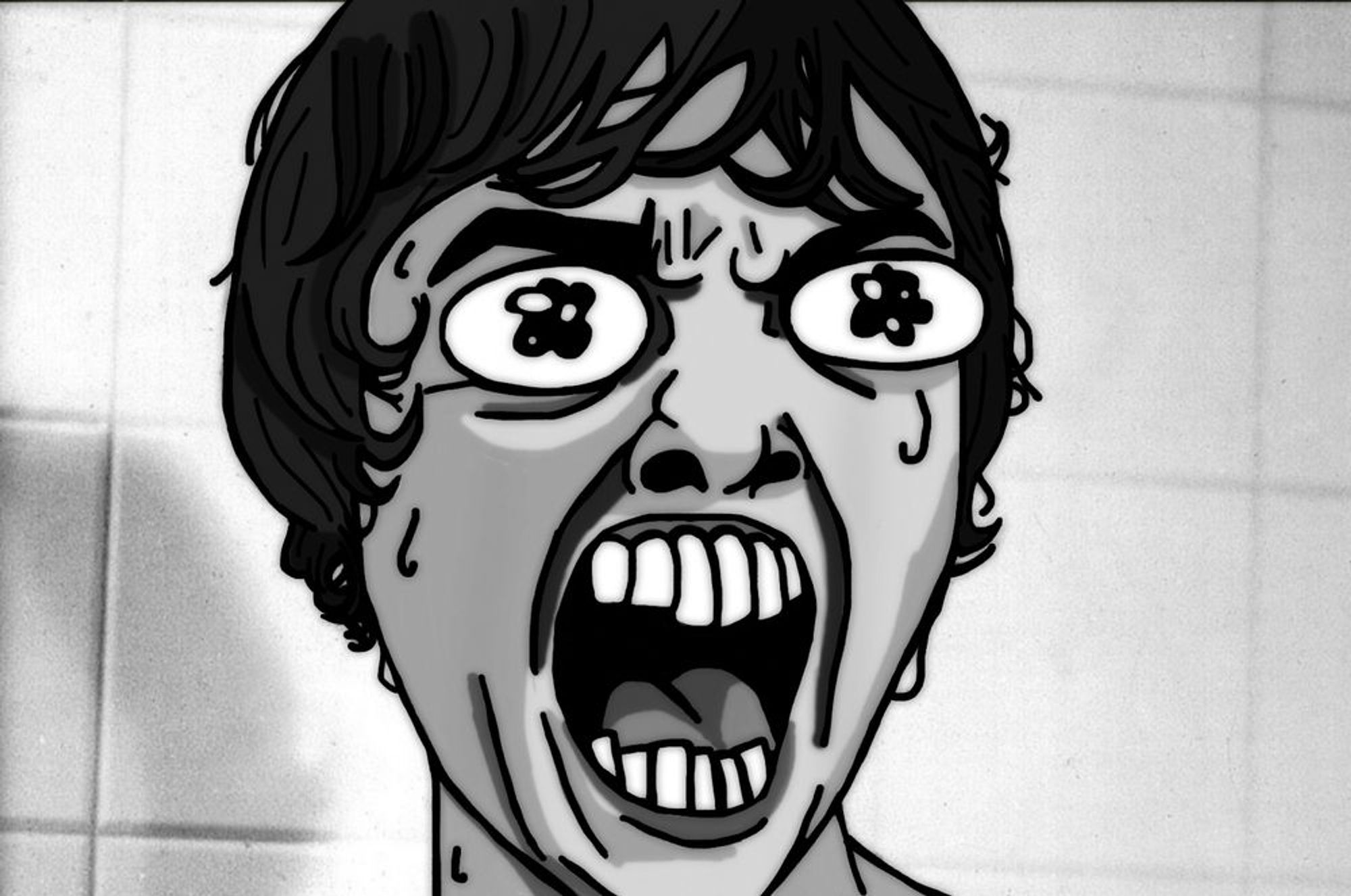 A derpy black and white drawing of the famous shower scene in Psycho, where Marion Crane (Janet Leigh) screams in horror as "Mother" attacks with a knife. Her eyes are wide, pupils chaotic blobs, and teeth overlarge in her wide open mouth.